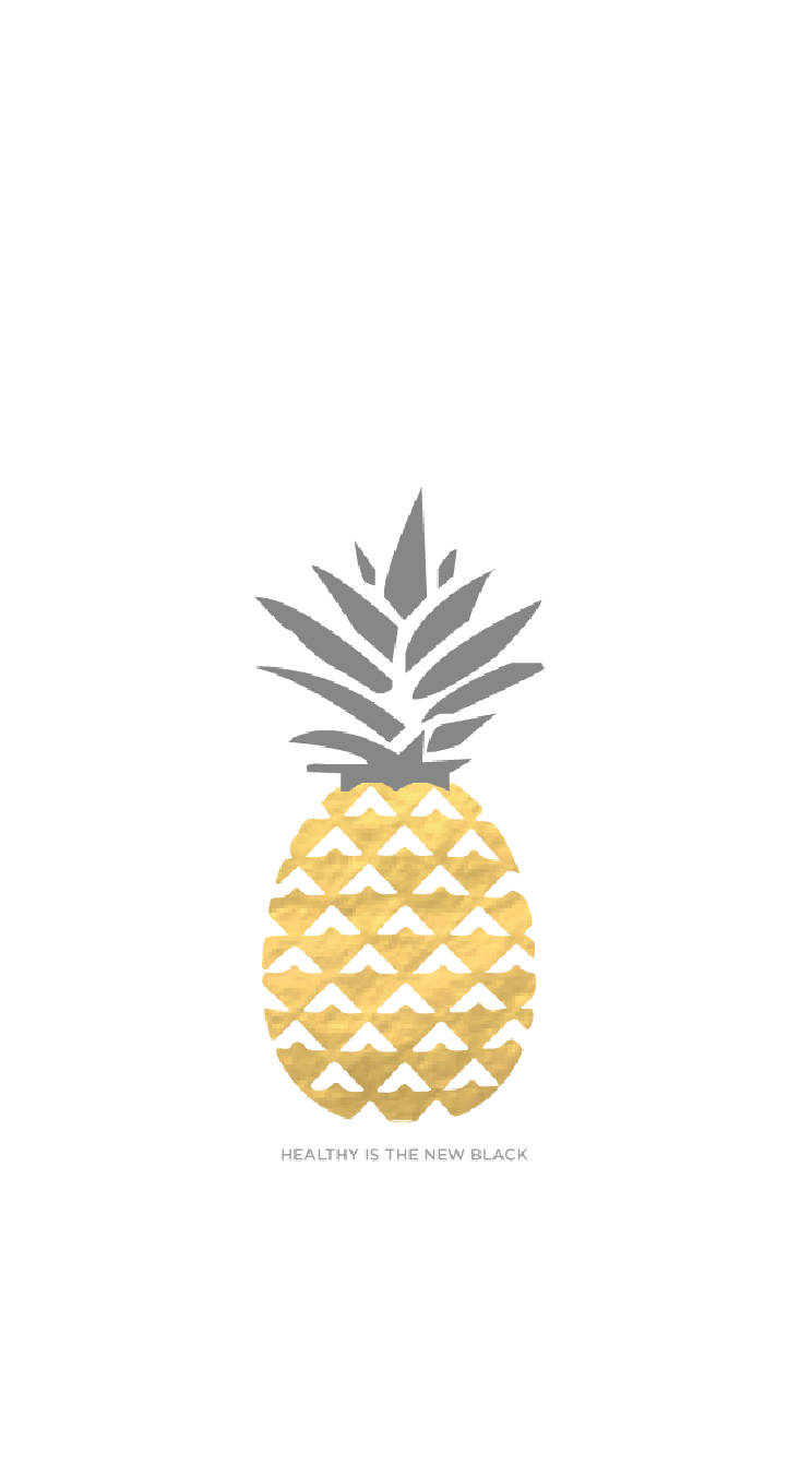 Pineapple iPhone 桌布 壁紙 — 一個極簡金色鳳梨，帶有灰色葉子和幾何圖案，白色背景上寫著文字 healthy is the new black。