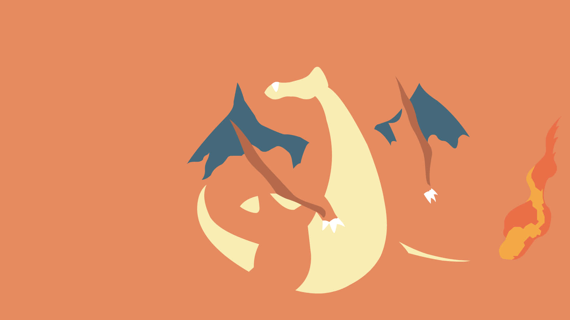 Pokemon Charizard 桌布 壁紙 — 一個極簡風格化的噴火龍插圖，帶有藍色翅膀和火焰尾巴，背景為純橙色。