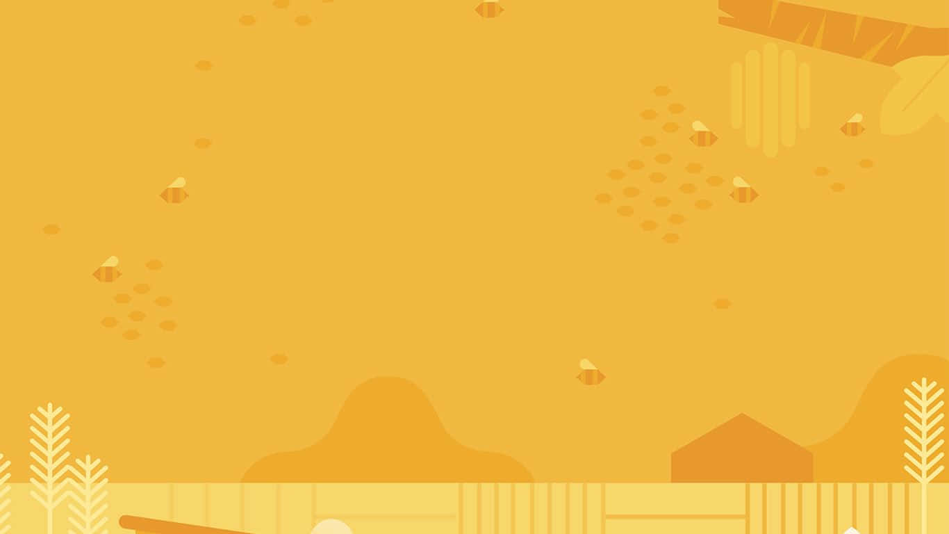 Cute Yellow Desktop 桌布 壁紙 — 一個極簡風格化的風景，有抽象的山丘、樹木和蜜蜂漂浮在溫暖的金色色調中。