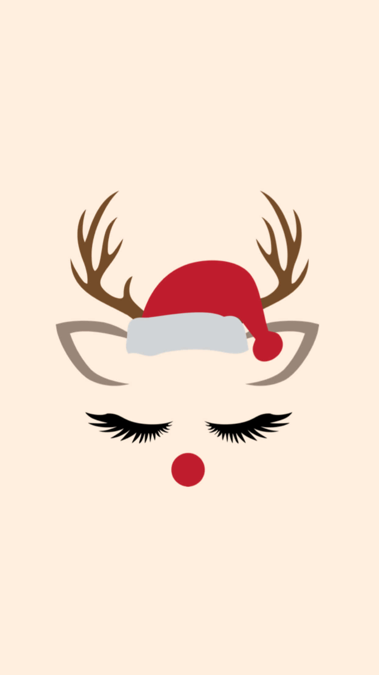 Rose Gold Christmas 桌布 壁紙 — 一個極簡風格化的馴鹿臉，帶有閉合的睫毛、紅鼻子和聖誕帽，背景為米色。