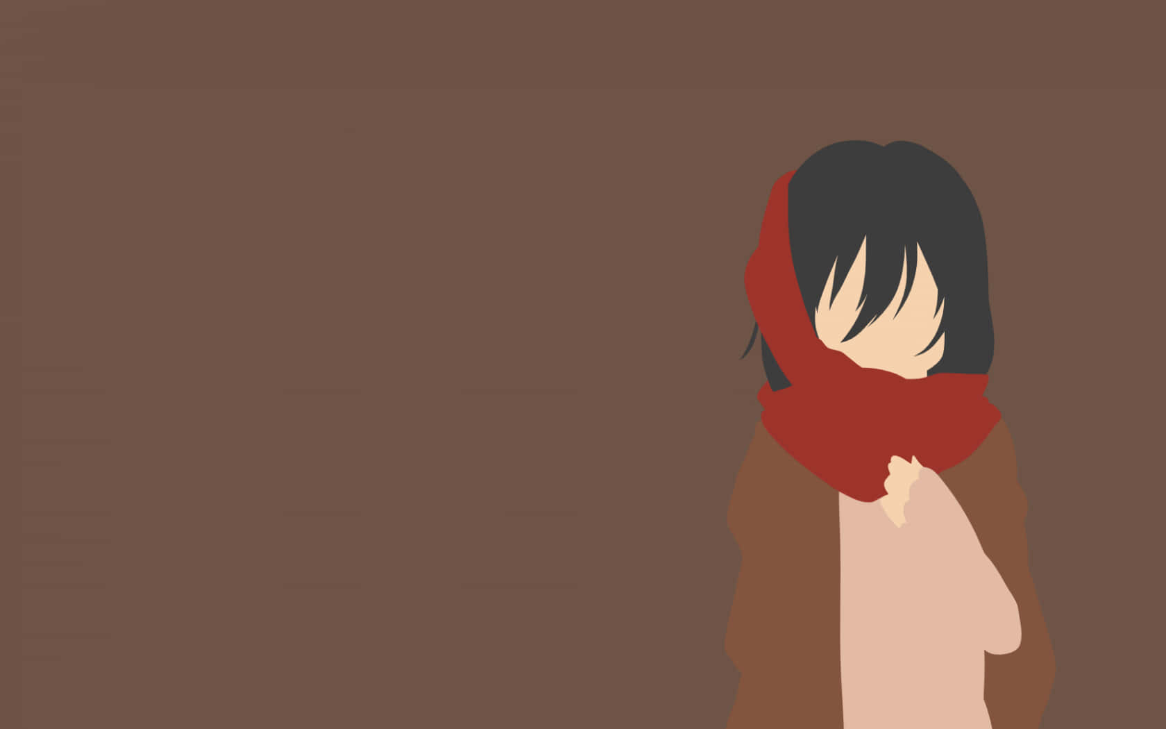 Mikasa Ackerman 桌布 壁紙 — 一個極簡風格插圖，描繪一個深色頭髮的人，裹著紅色圍巾，背景為純棕色。