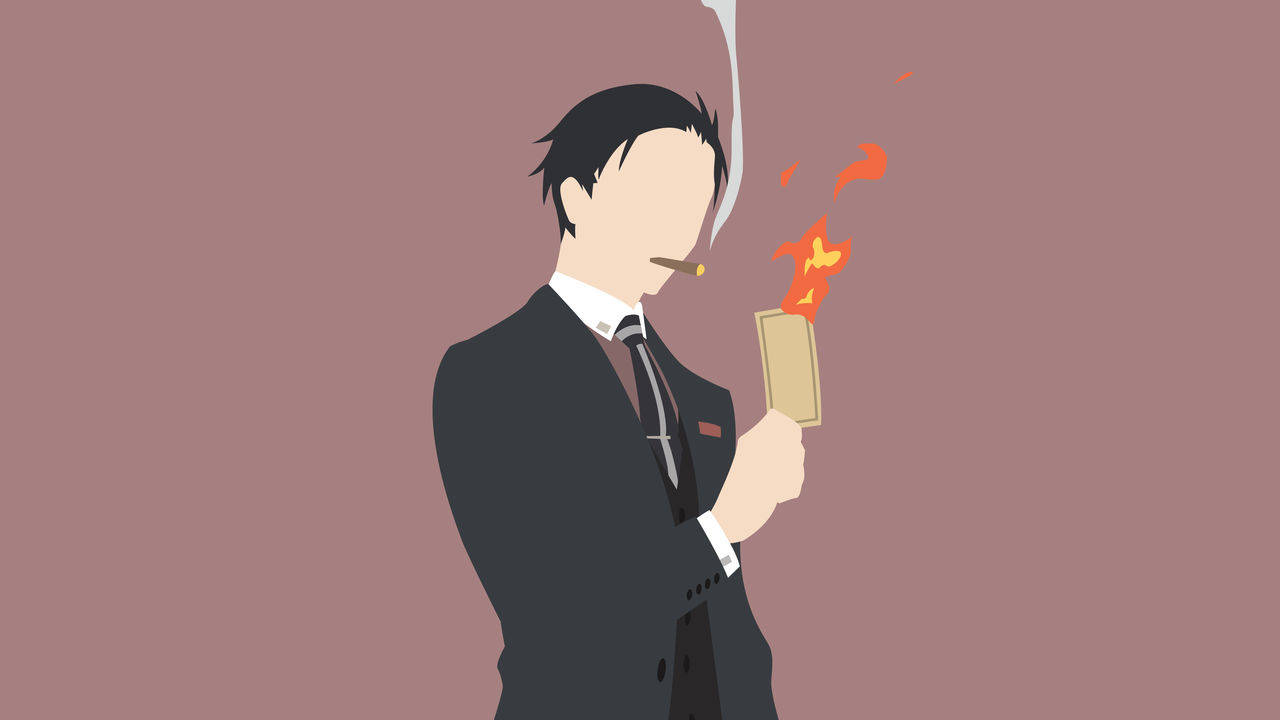 daisuke kambe 桌布 壁紙 — 一個極簡風格插圖中的西裝男子，在柔和的紫灰色背景上用火柴點燃雪茄。