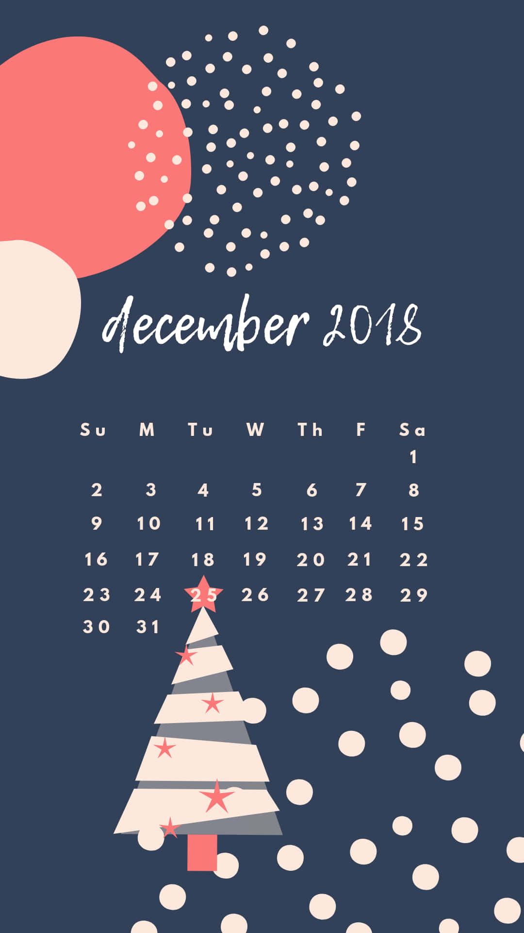 Cute December 桌布 壁紙 — 一個極簡風格的2018年12月月曆，帶有風格化的聖誕樹和抽象形狀，背景為深藍色。