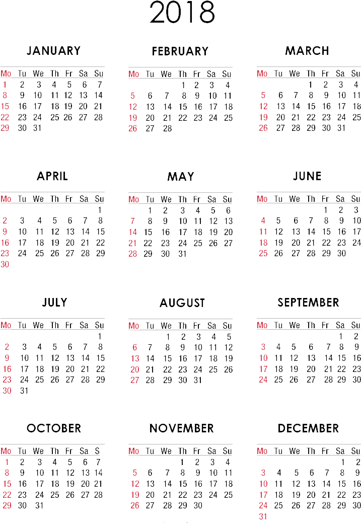 剪貼畫 桌布 壁紙 — 一個極簡風格的2018年日曆，帶有在黑色背景上發光的紅色和白色數字。