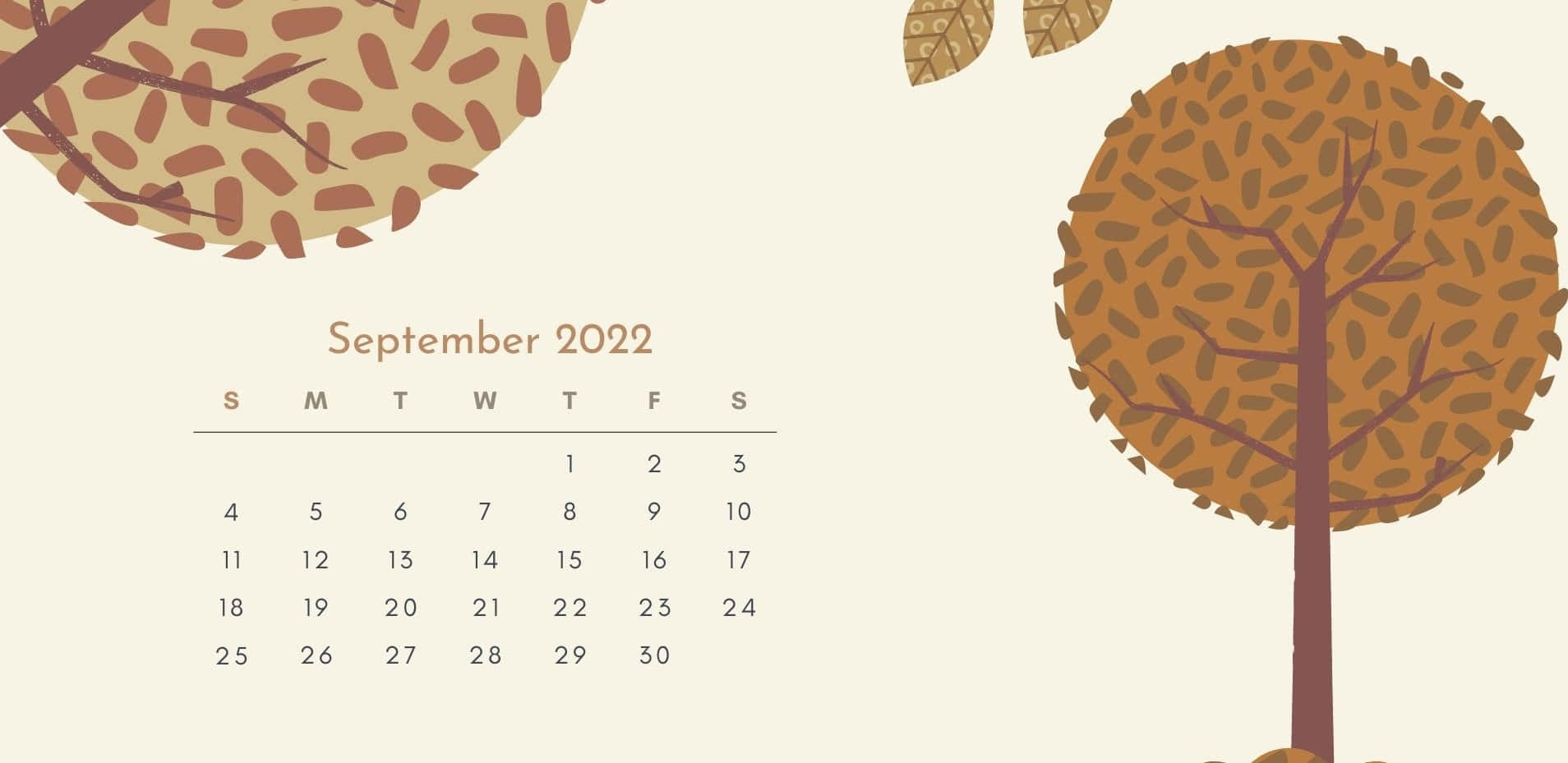 September 桌布 壁紙 — 一個極簡風格的2022年9月秋季日曆，以風格化的樹木和帶有紋理的樹葉為框架，背景為柔和的奶油色。