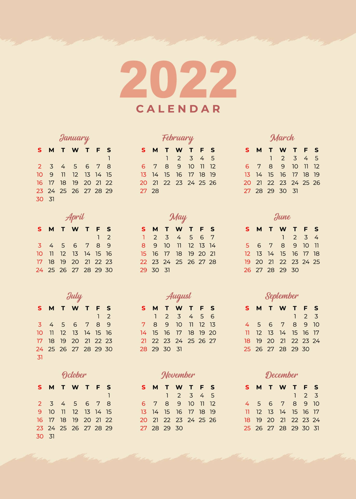 Calendar 桌布 壁紙 — 一個極簡風格的2022年月曆，採用柔和蜜桃色調和簡潔字體，以網格佈局排列。