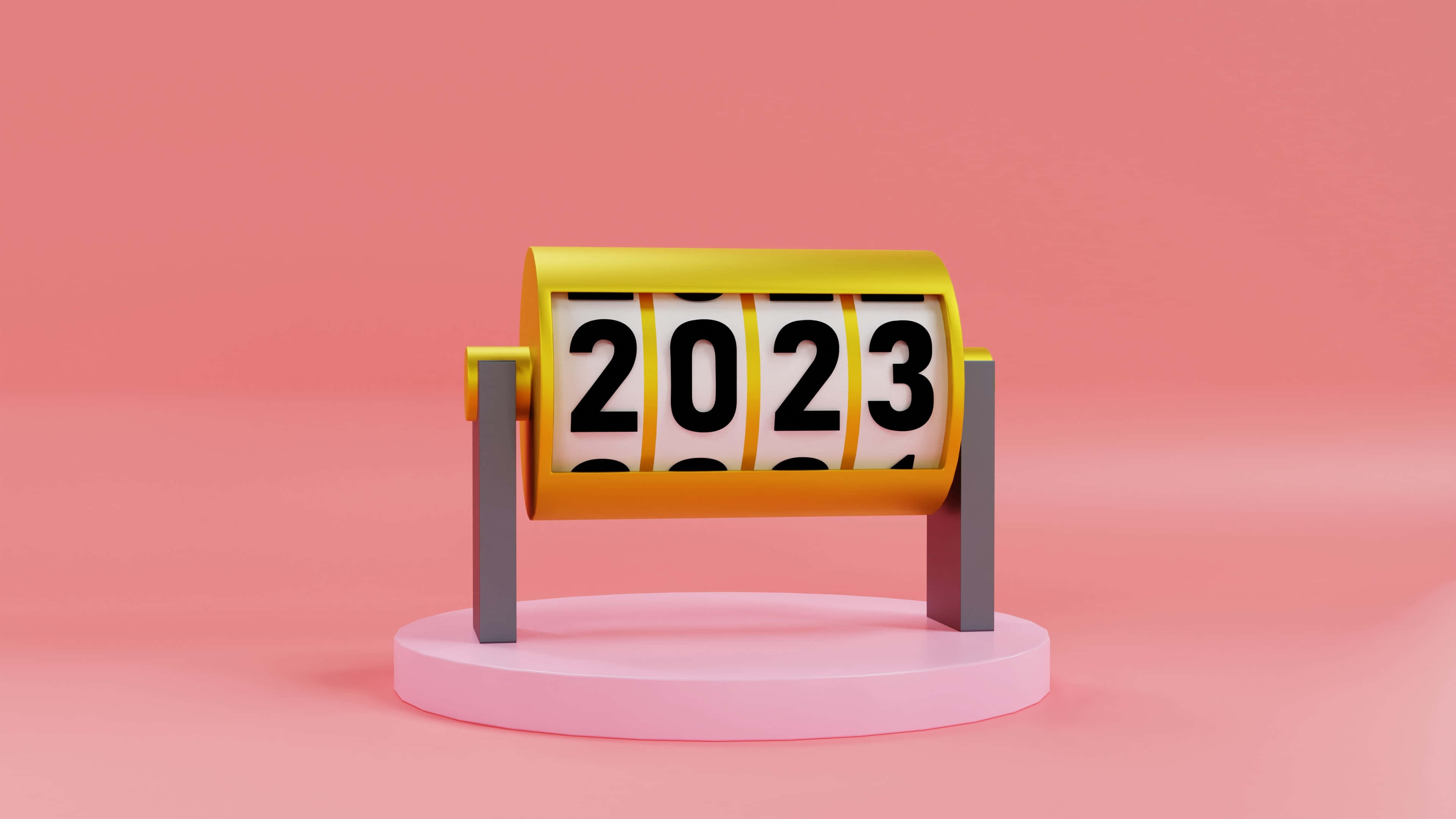 新年 桌布 壁紙 — 一個極簡風格的3D渲染機械日曆，在柔和的粉紅色漸變背景上以粗體黑色數字顯示2023。