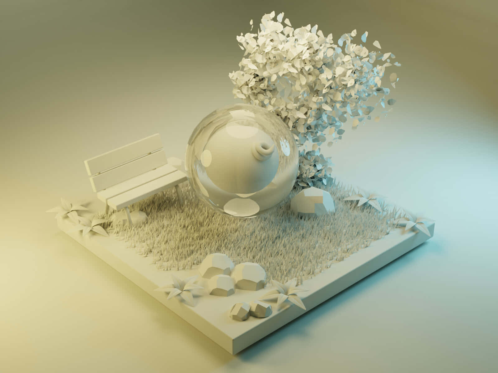 寶可夢 桌布 壁紙 — 一個極簡風格的3D渲染立體模型，包含白色長椅、玻璃球體和風格化樹木，置於草地平台上。