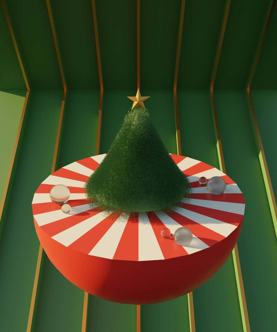 1080p 桌布 壁紙 — 一個極簡風格的3D渲染聖誕樹，頂部有金色星星，放置在紅白條紋底座上，位於綠色幾何房間內。
