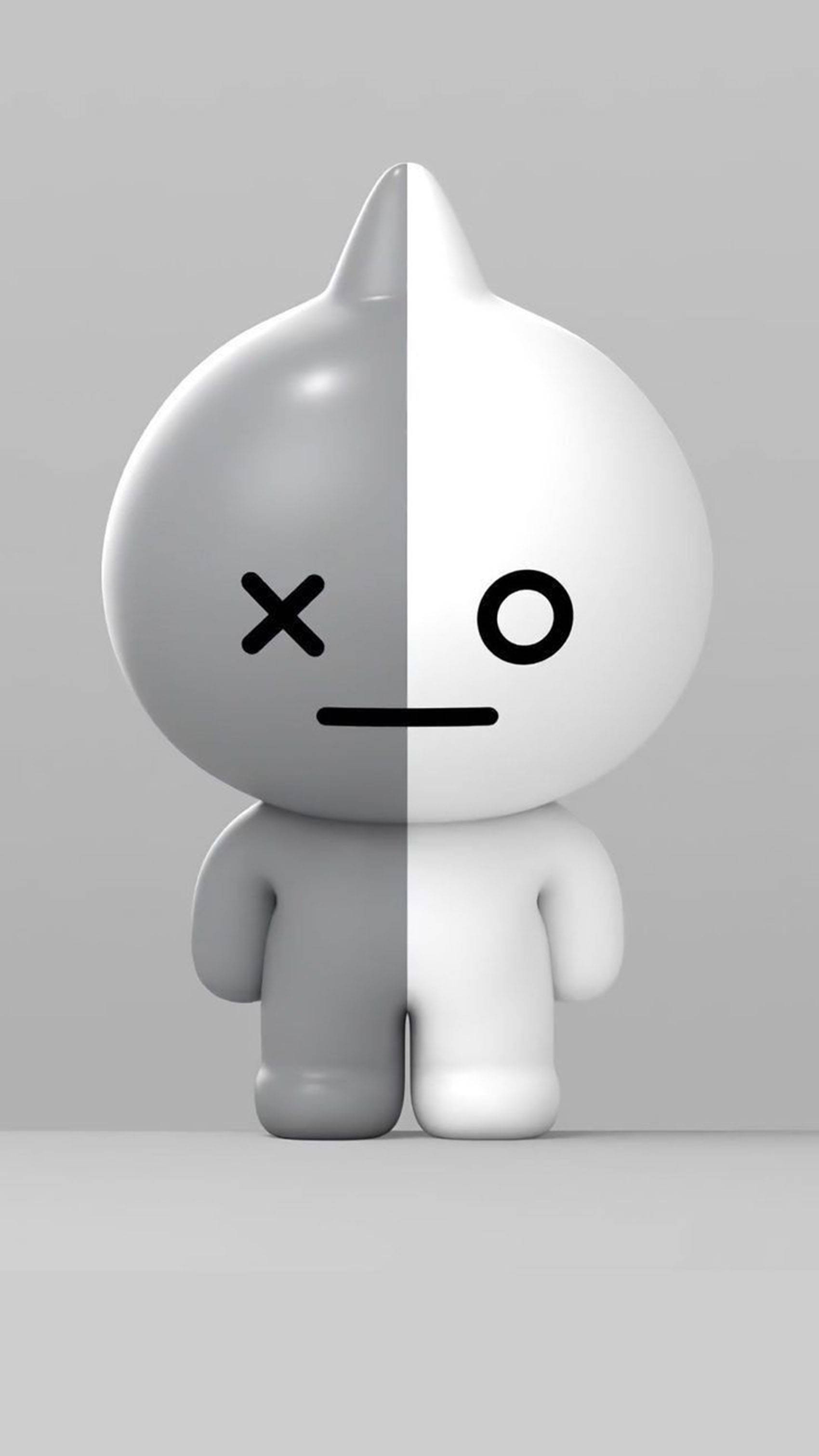 van bt21 桌布 壁紙 — 一個極簡風格的3D渲染角色，從中間分開，一側灰色，一側白色，各自具有對比鮮明的面部特徵。