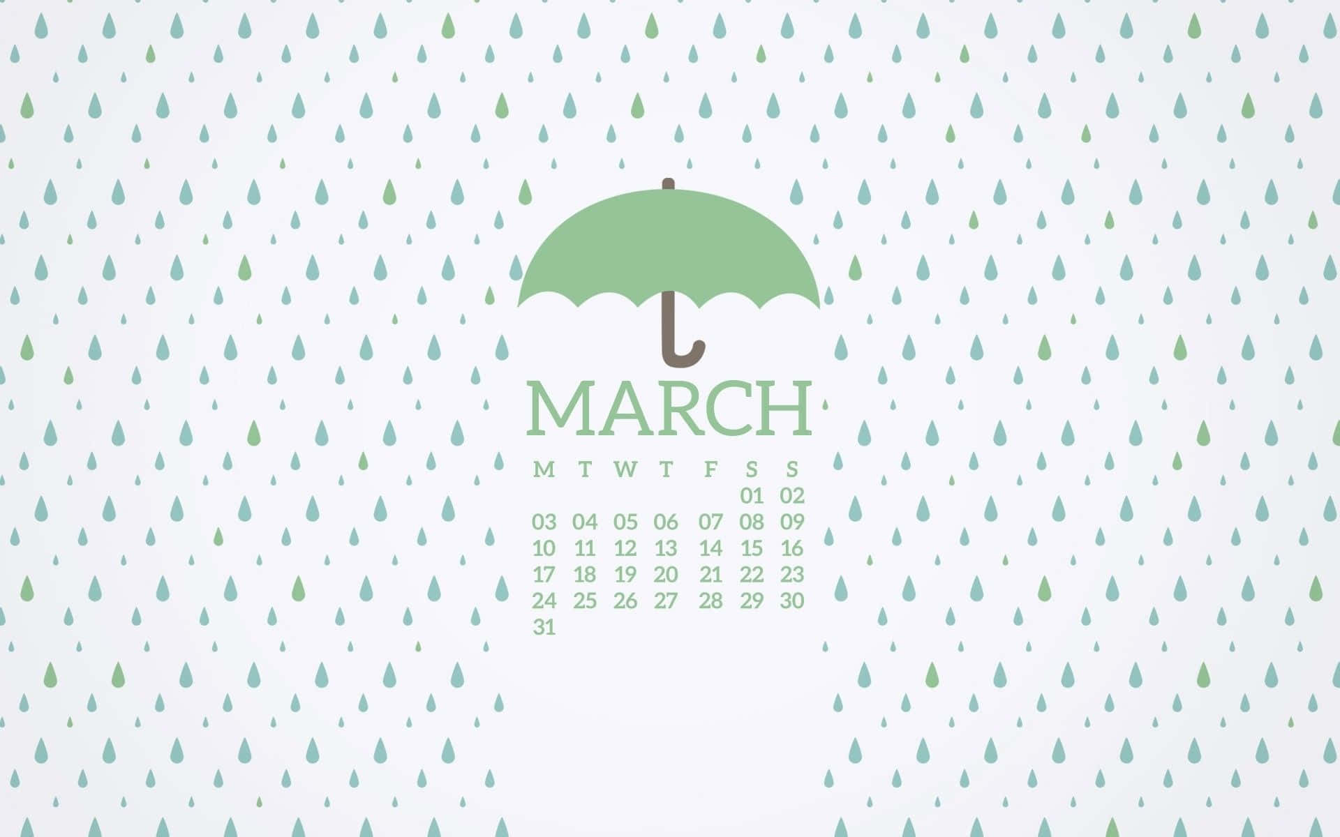March 桌布 壁紙 — 一個極簡風格的3月日曆，中央有一把綠色雨傘，周圍是落在淺色背景上的雨滴。