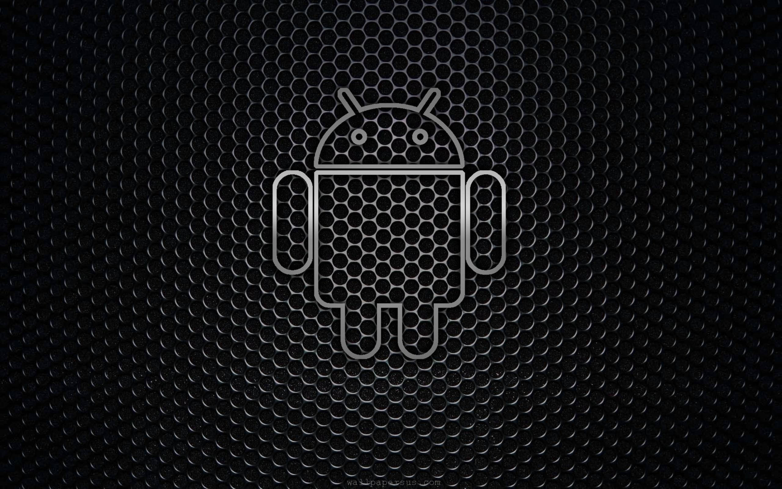 安卓 桌布 壁紙 — 一個極簡風格的Android機器人標誌，以銀色勾勒在深色六角網格背景上。