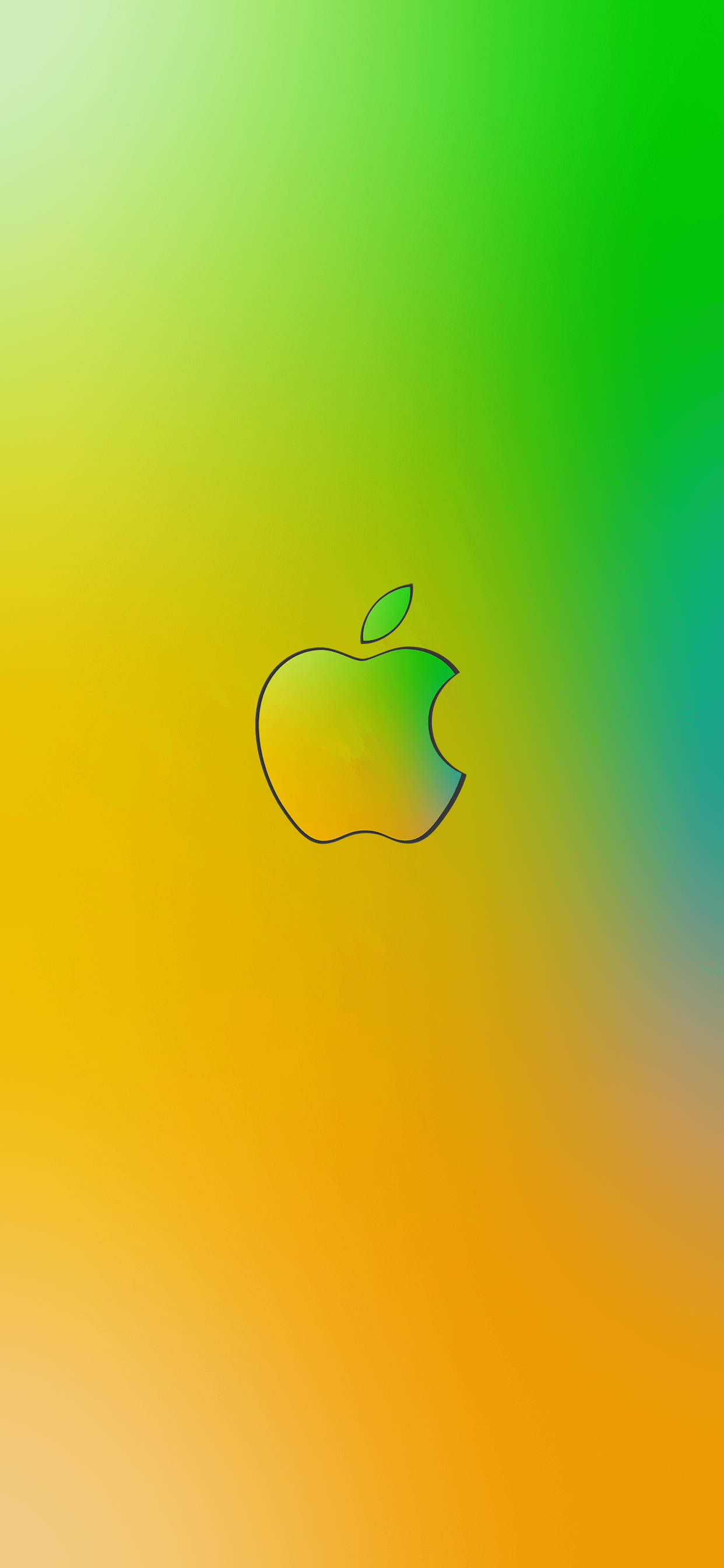iPhone 桌布 壁紙 — 一個極簡風格的Apple標誌，以黑色輪廓浮現於從黃色漸變到綠色的鮮豔背景上。