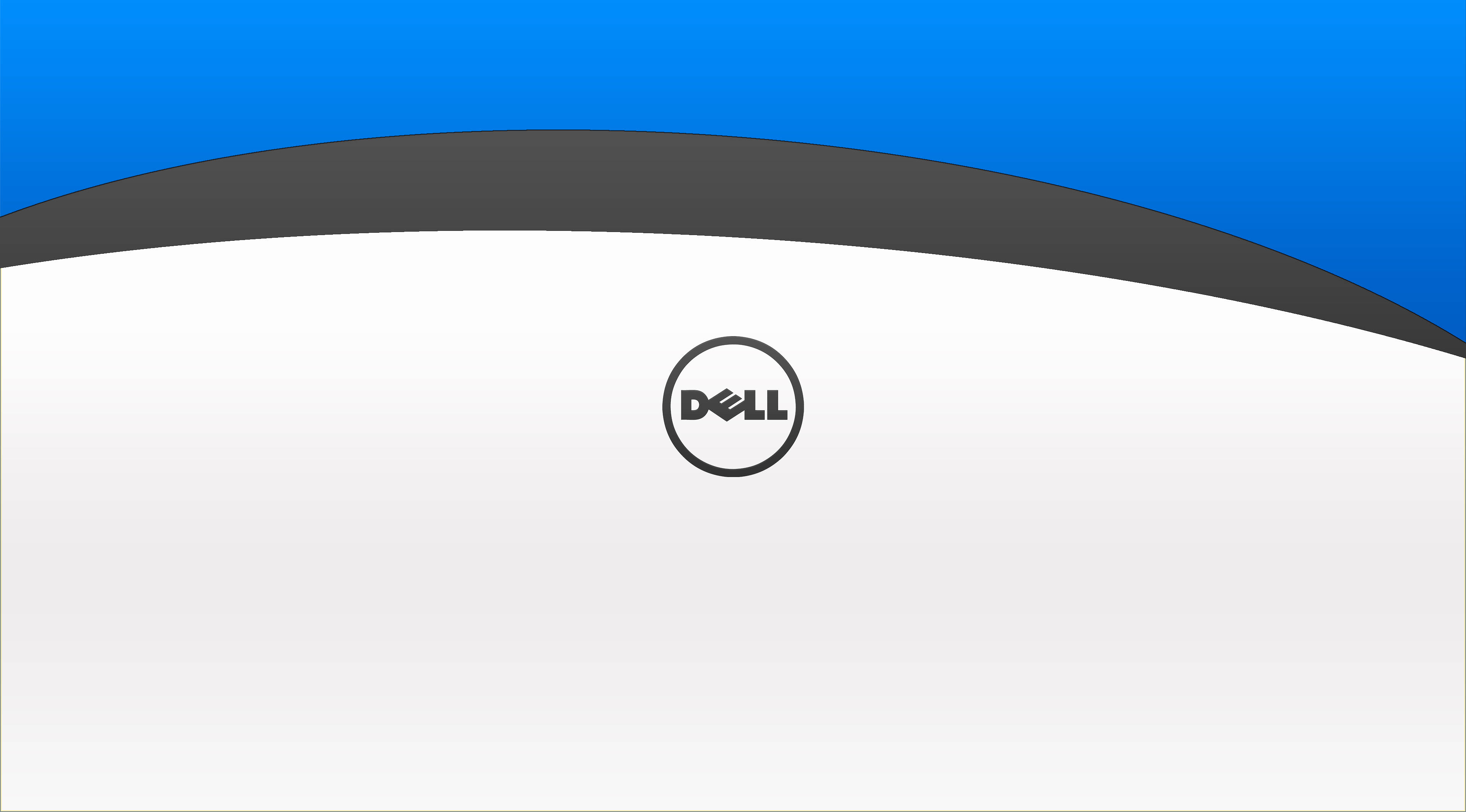 dell 4K 桌布 壁紙 — 一個極簡風格的Dell標誌，居中放置於白色曲面上，帶有深灰色拱形和藍色漸變背景。