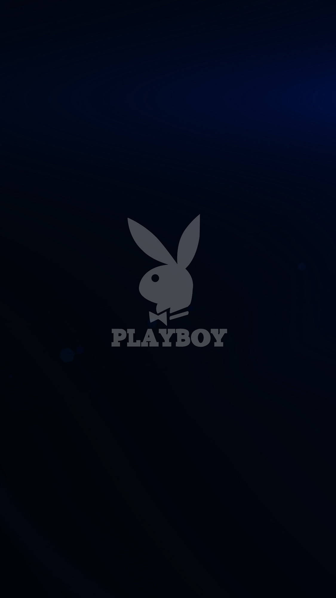 花花公子 桌布 壁紙 — 一個極簡風格的Playboy標誌以灰色居中顯示，背景為帶有微妙漩渦的深藍色漸變。