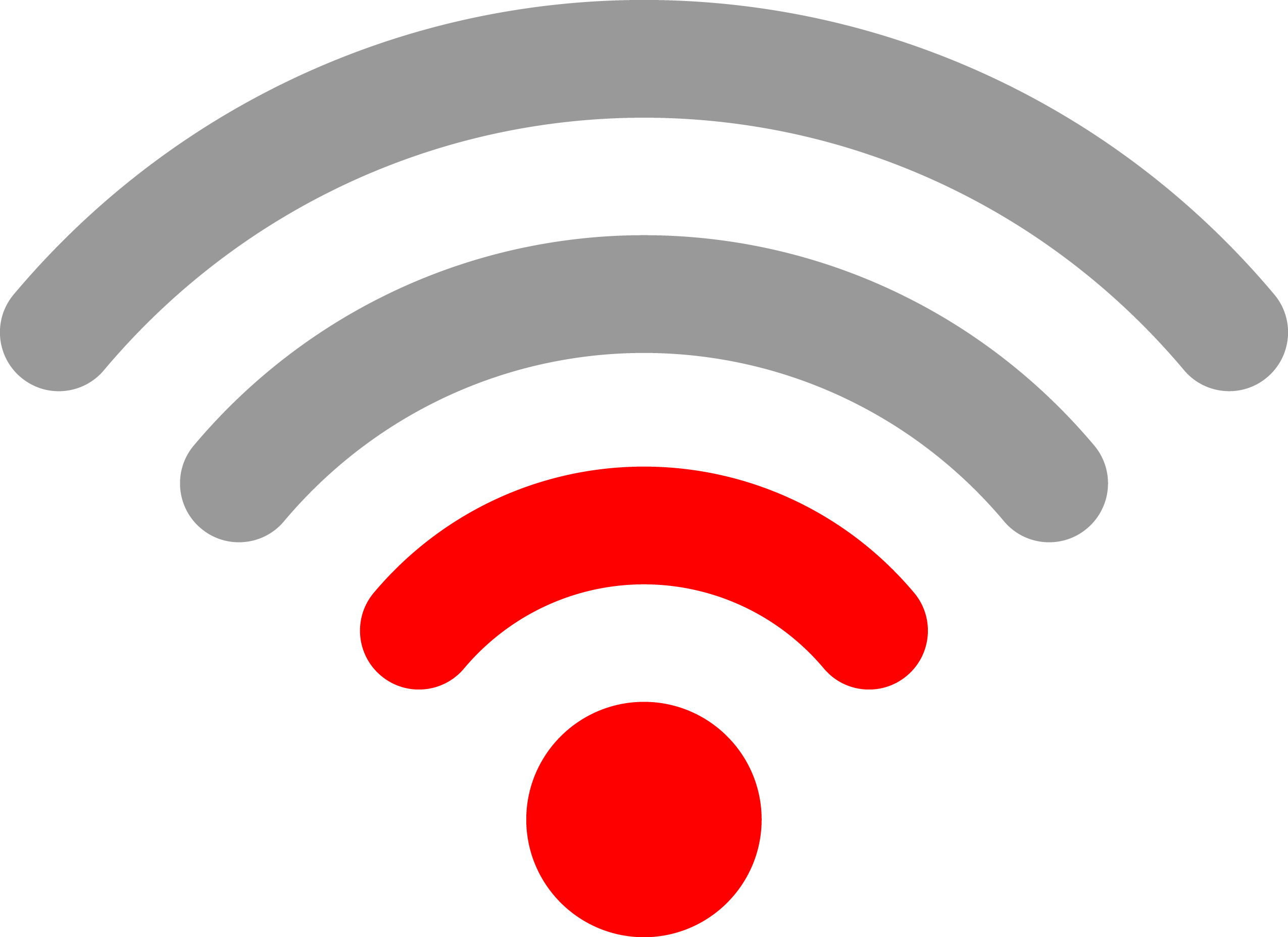Clip Art 桌布 壁紙 — 一個極簡風格的WiFi符號，由三個灰色弧線和一個紅色弧線組成，位於白色背景上的紅色圓點上方。