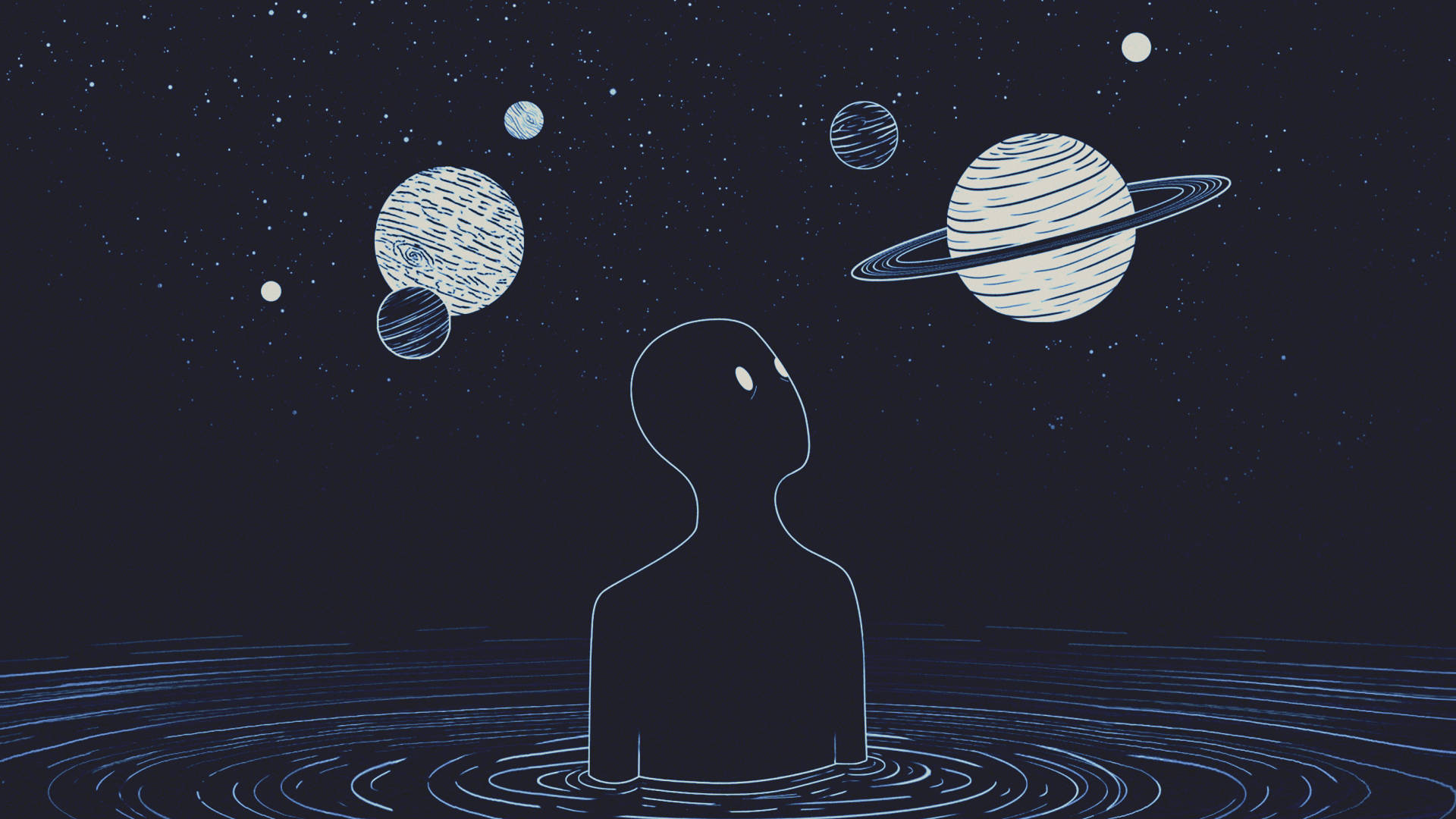 太空 桌布 壁紙 — 一個極簡風格的人在水中的剪影，仰望宇宙夜空中的風格化行星和星星。