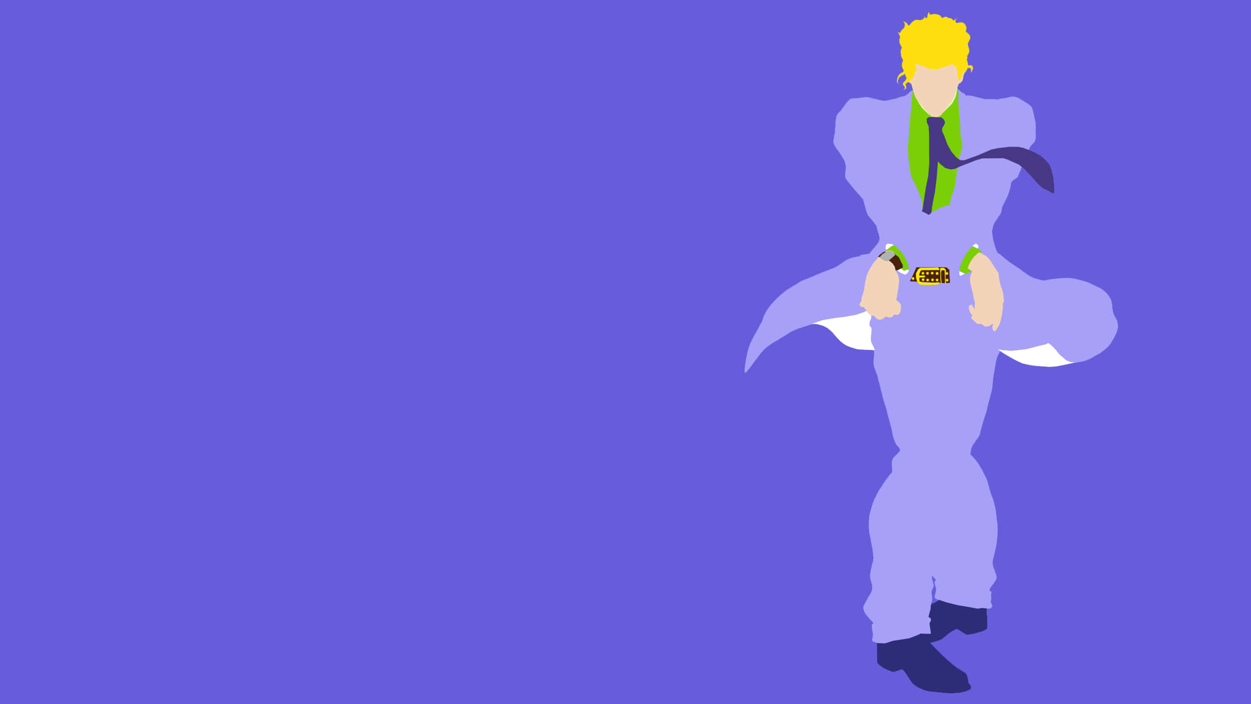 Dio Brando 桌布 壁紙 — 一個極簡風格的人物，金髮綠領帶，站在紫色背景前，手持兩把手槍。