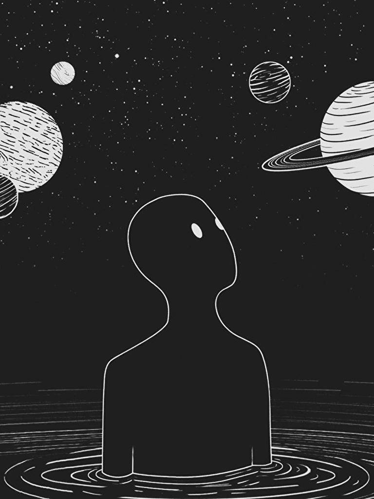 Black And White Anime Aesthetic 桌布 壁紙 — 一個極簡風格的人物剪影從水中浮現，仰望星空，星空中有風格化的行星。