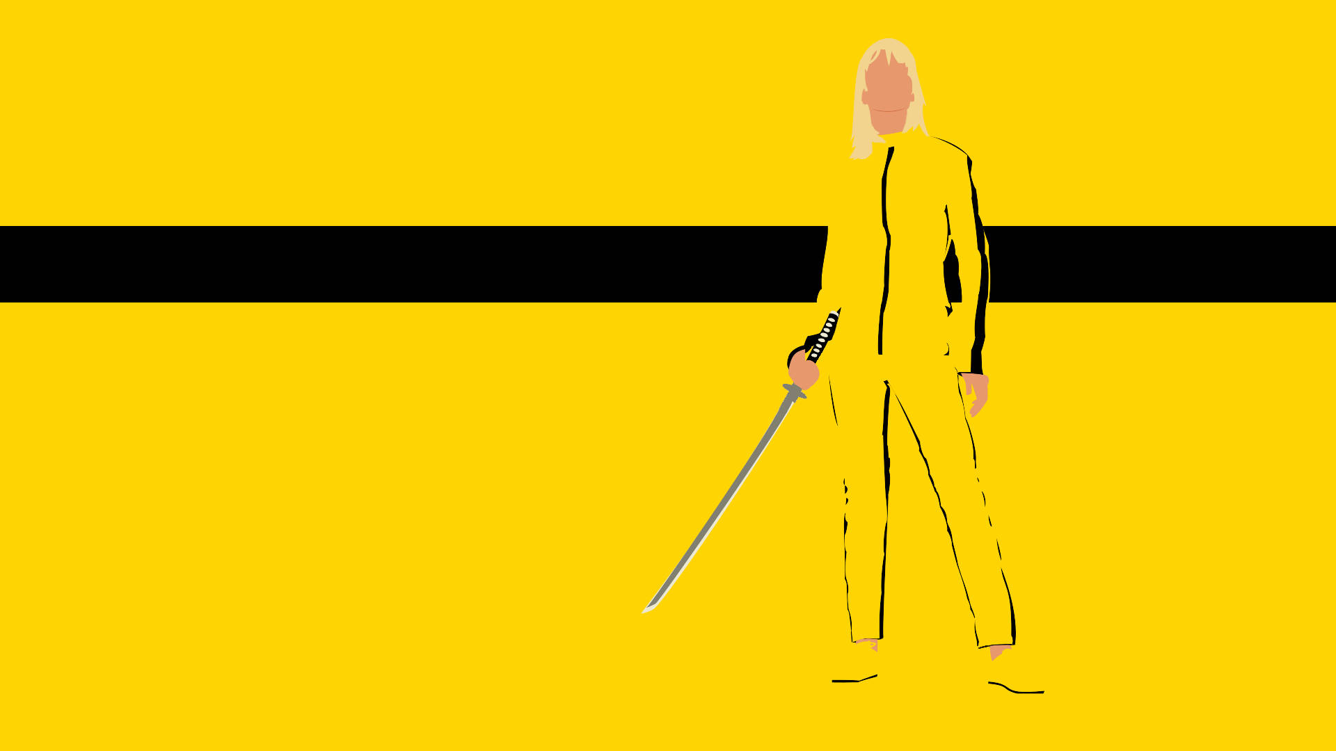 Kill Bill 桌布 壁紙 — 一個極簡風格的人物穿著黃色連身衣，在鮮明的黃黑條紋背景前手持一把劍。