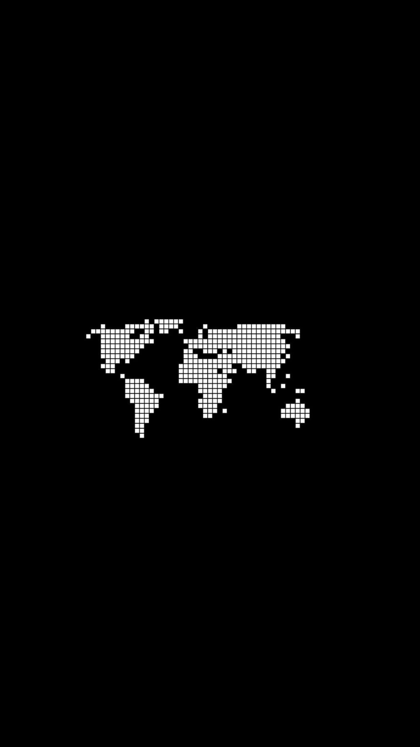 Map 桌布 壁紙 — 一個極簡風格的像素世界地圖，由白色點組成，居中在純黑色背景上。