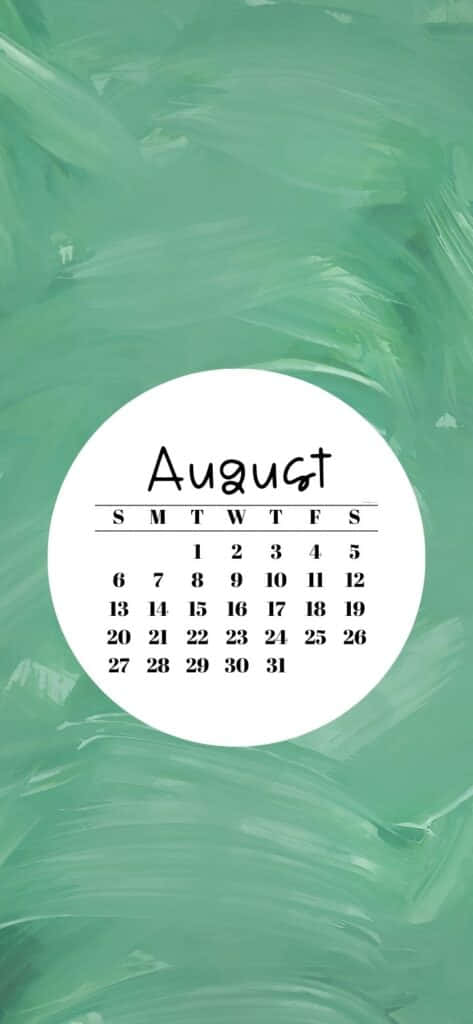 August 桌布 壁紙 — 一個極簡風格的八月日曆，白色圓形置於帶紋理的青綠色水彩背景上。