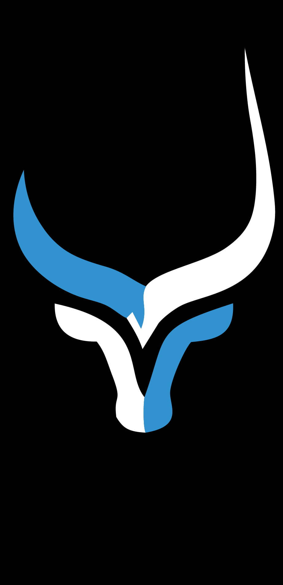 taurus 桌布 壁紙 — 一個極簡風格的公牛頭標誌，帶有藍色和白色的角，背景為黑色。