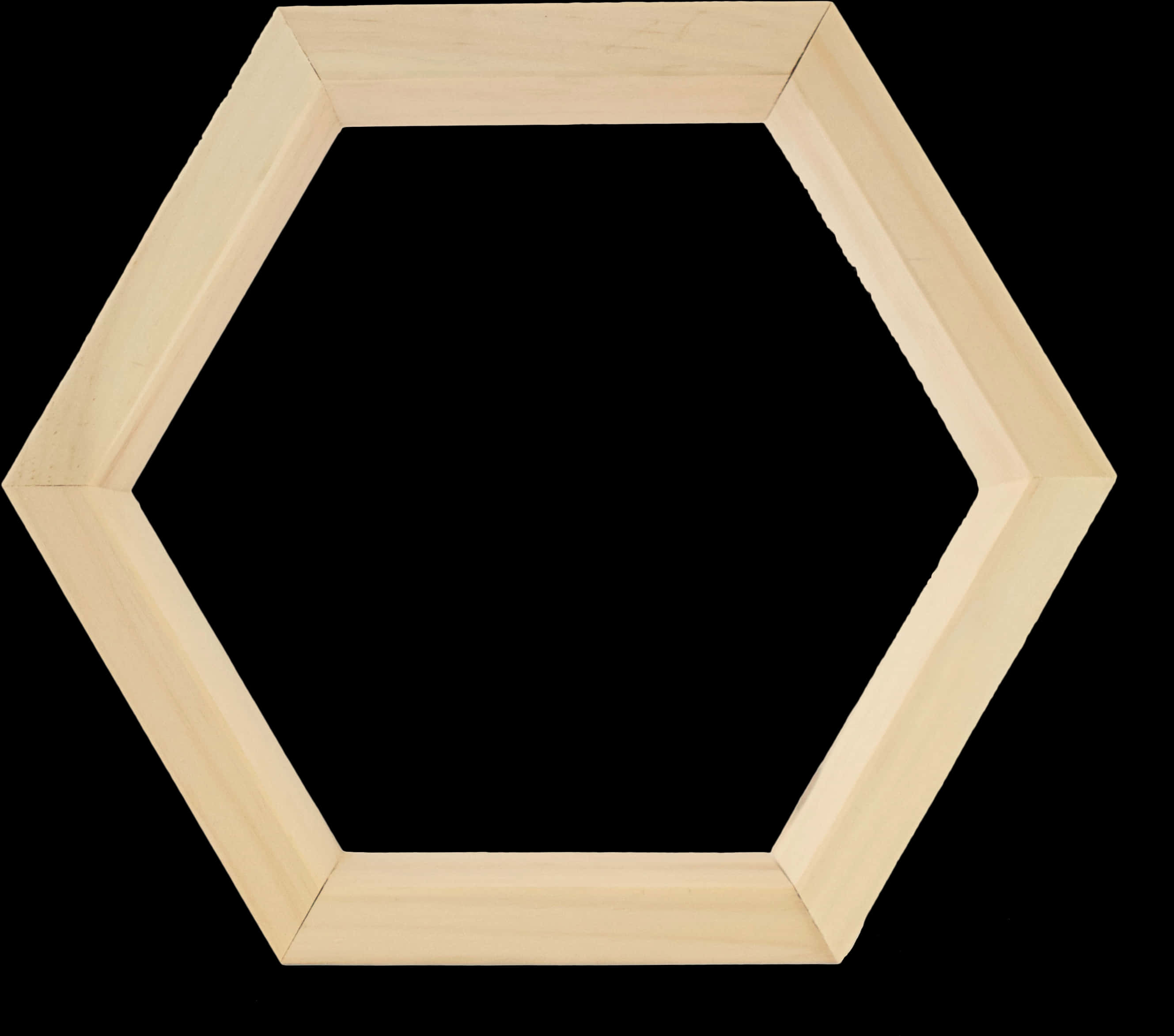 Geometric Shapes 桌布 壁紙 — 一個極簡風格的六邊形木製相框，帶有天然木紋質感，置於純黑色背景上。