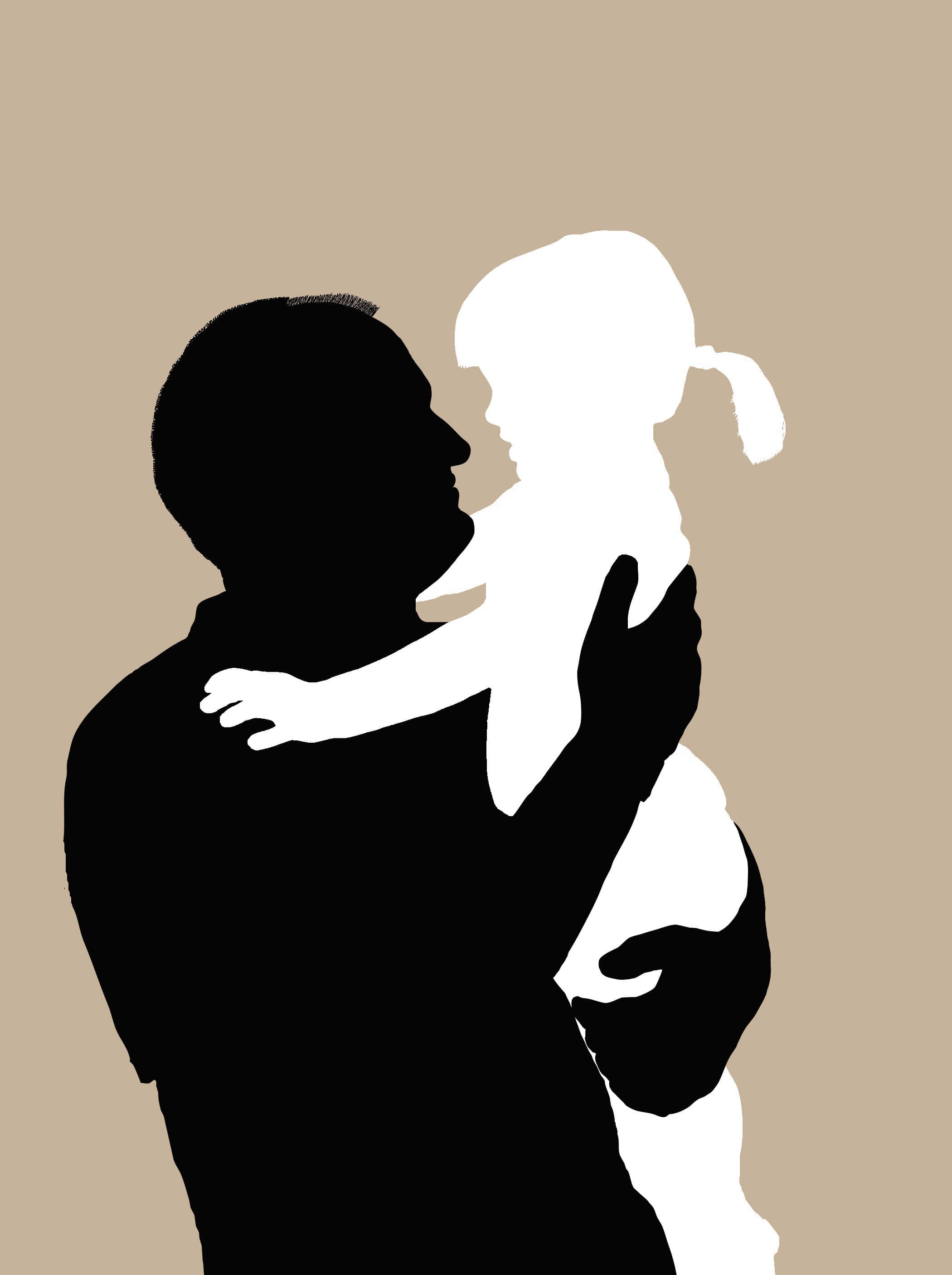 Silhouette 桌布 壁紙 — 一個極簡風格的剪影，父親在米色背景上緊緊擁抱著女兒，充滿溫柔。
