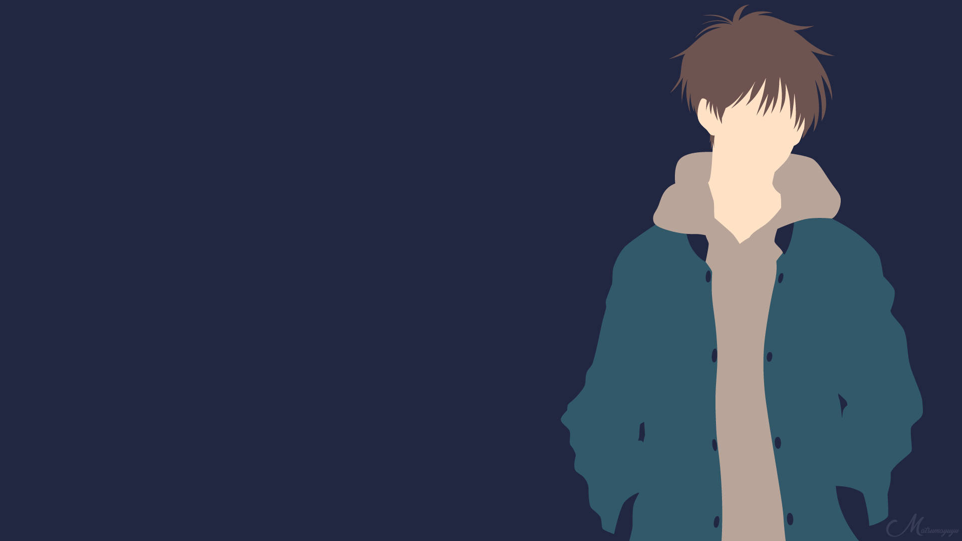 Banana Fish 桌布 壁紙 — 一個極簡風格的動漫人物穿著青綠色外套，站在純深藍色背景前，沒有面部特徵。