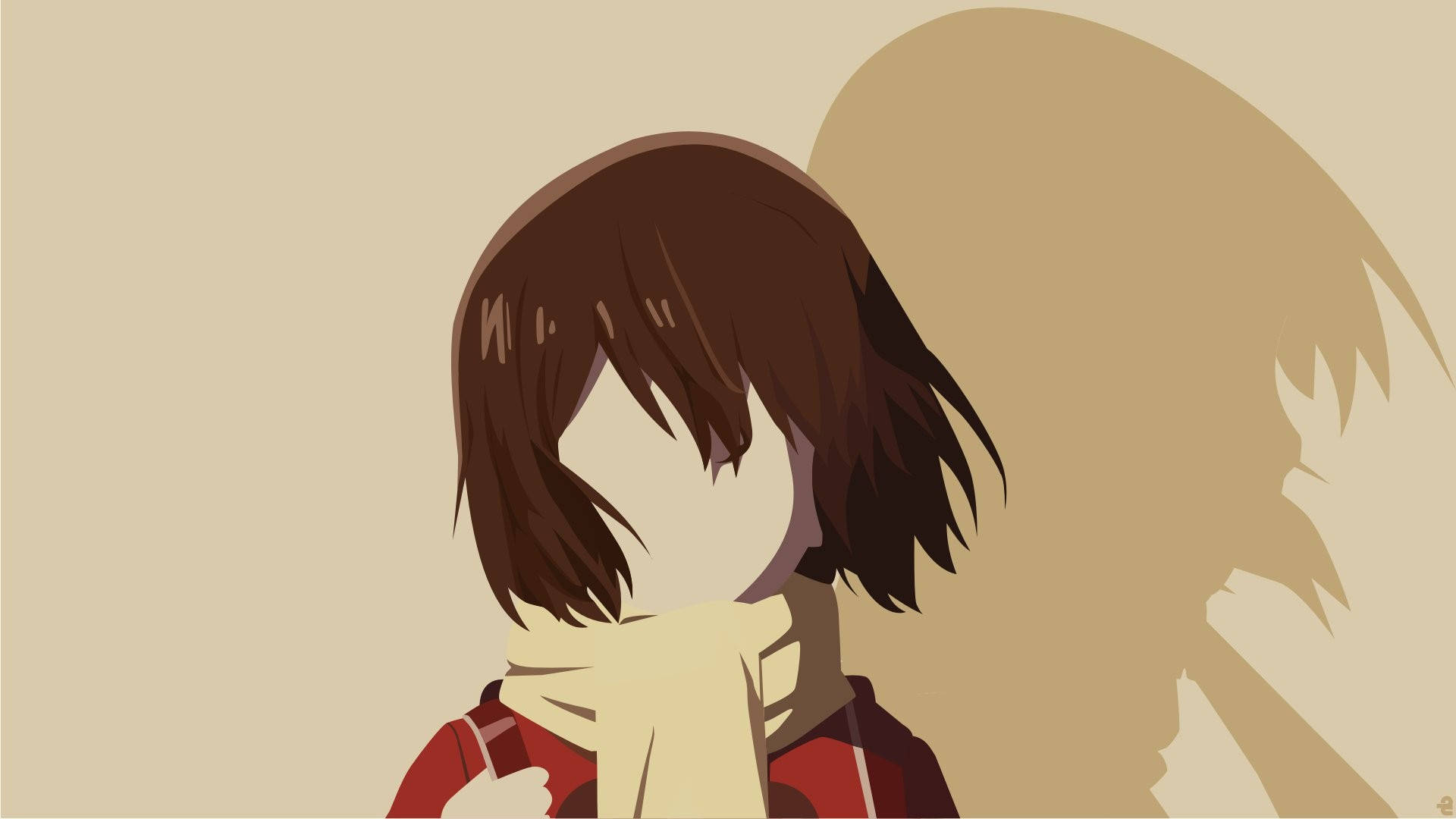 Erased 桌布 壁紙 — 一個極簡風格的動漫女孩，棕色頭髮，紅色上衣，在純米色背景前將臉藏在米色圍巾中。
