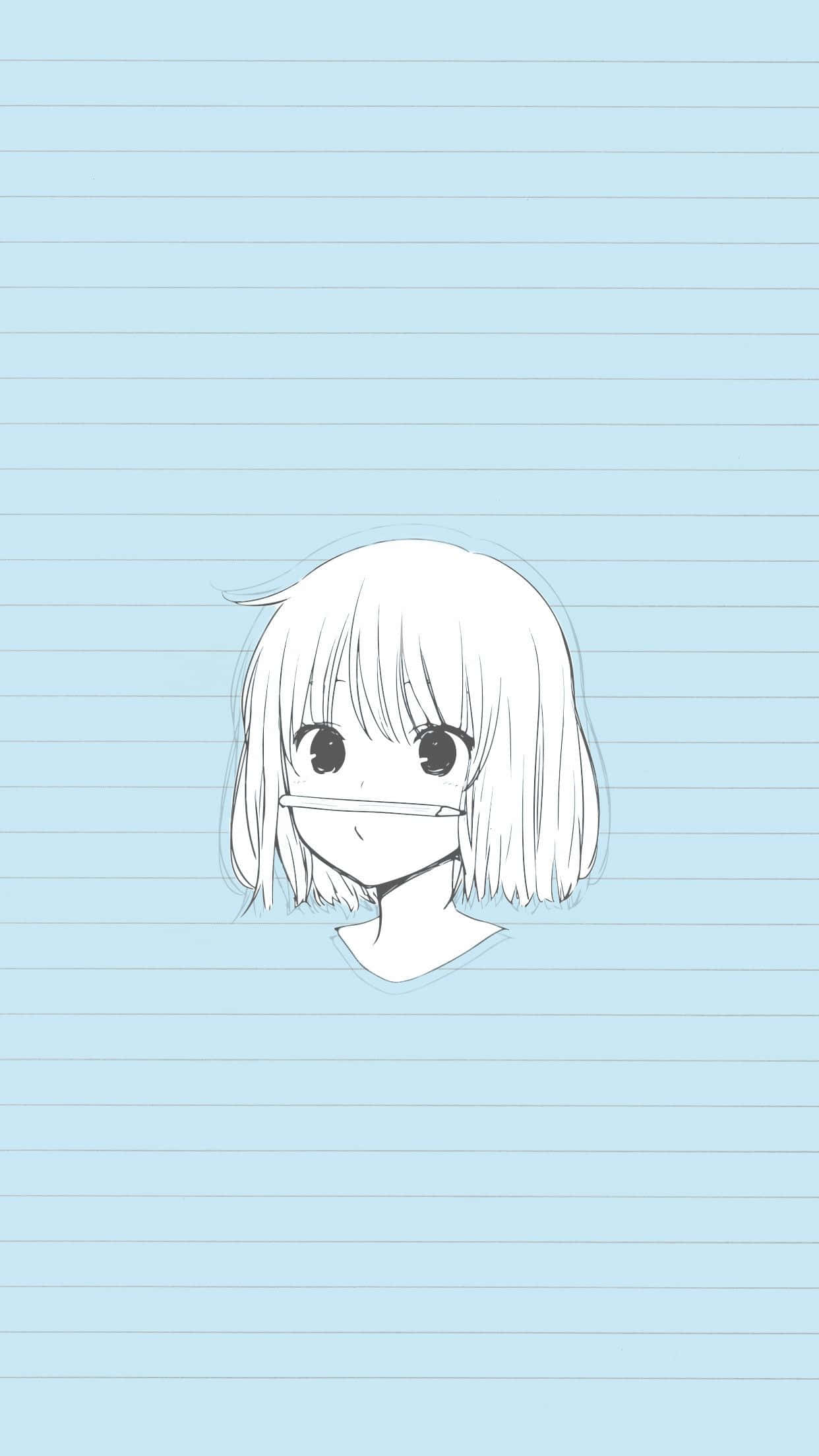 Sketch Art 桌布 壁紙 — 一個極簡風格的動漫女孩，白髮戴著口罩，漂浮在淺藍色橫線紙背景上。