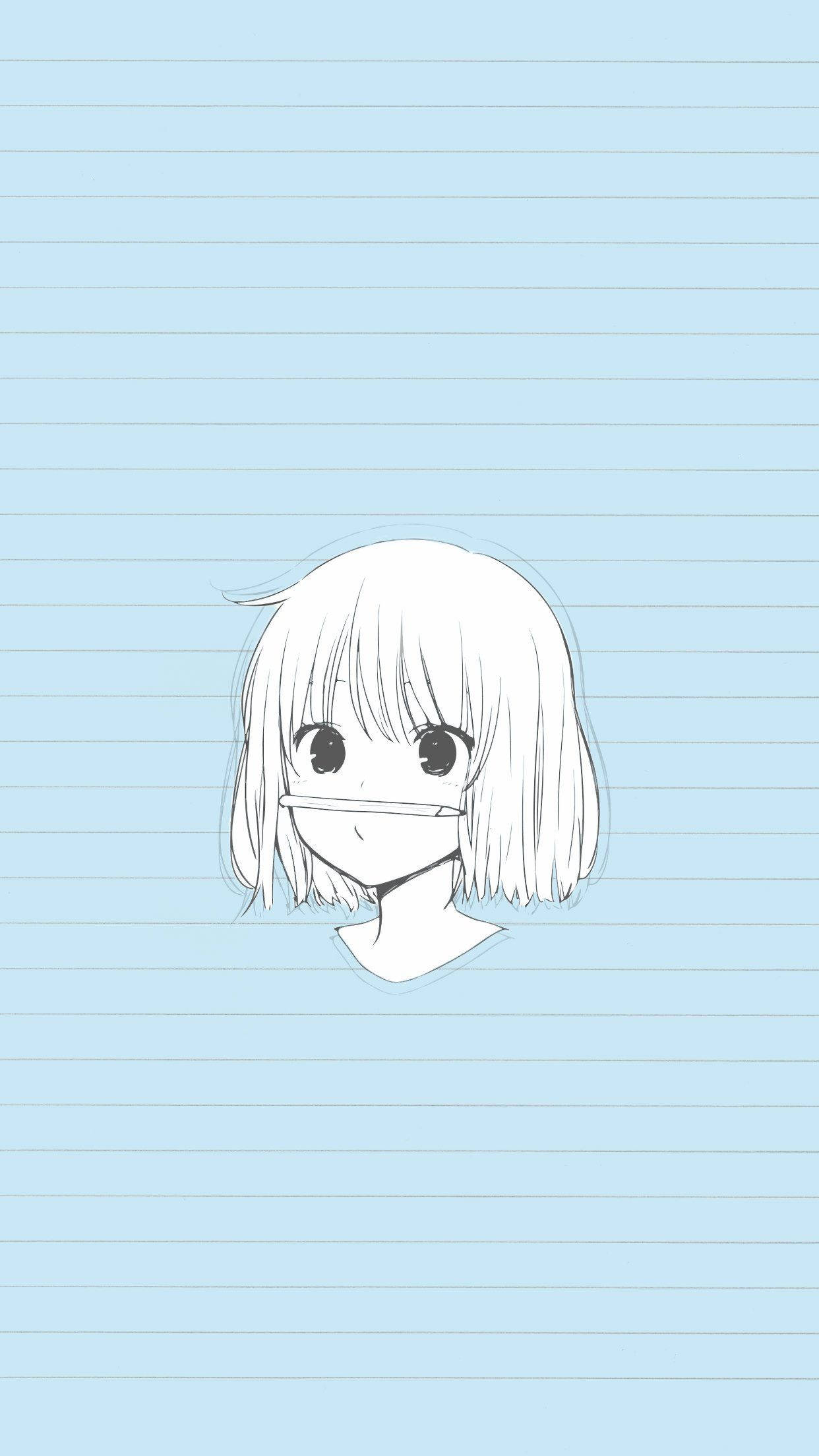 HD anime phone 桌布 壁紙 — 一個極簡風格的動漫女孩，白髮戴著口罩，畫在淺藍色橫線筆記本紙上。