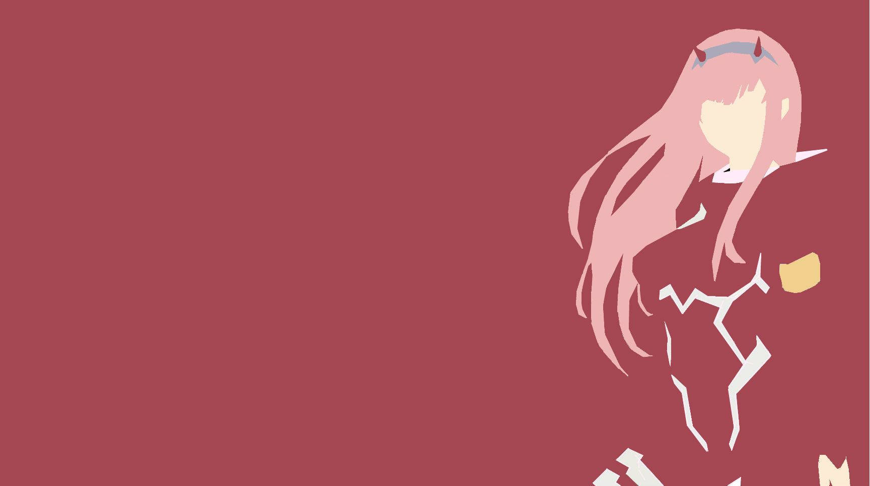 Darling In The Franxx 桌布 壁紙 — 一個極簡風格的動漫女孩，粉紅色頭髮和紅色角，站在純栗色背景前。