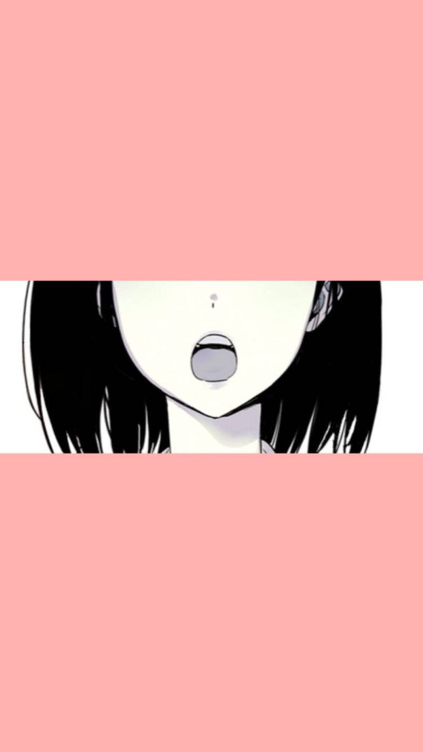 動漫女孩 桌布 壁紙 — 一個極簡風格的動漫女孩，黑髮張嘴，背景為純粉色。
