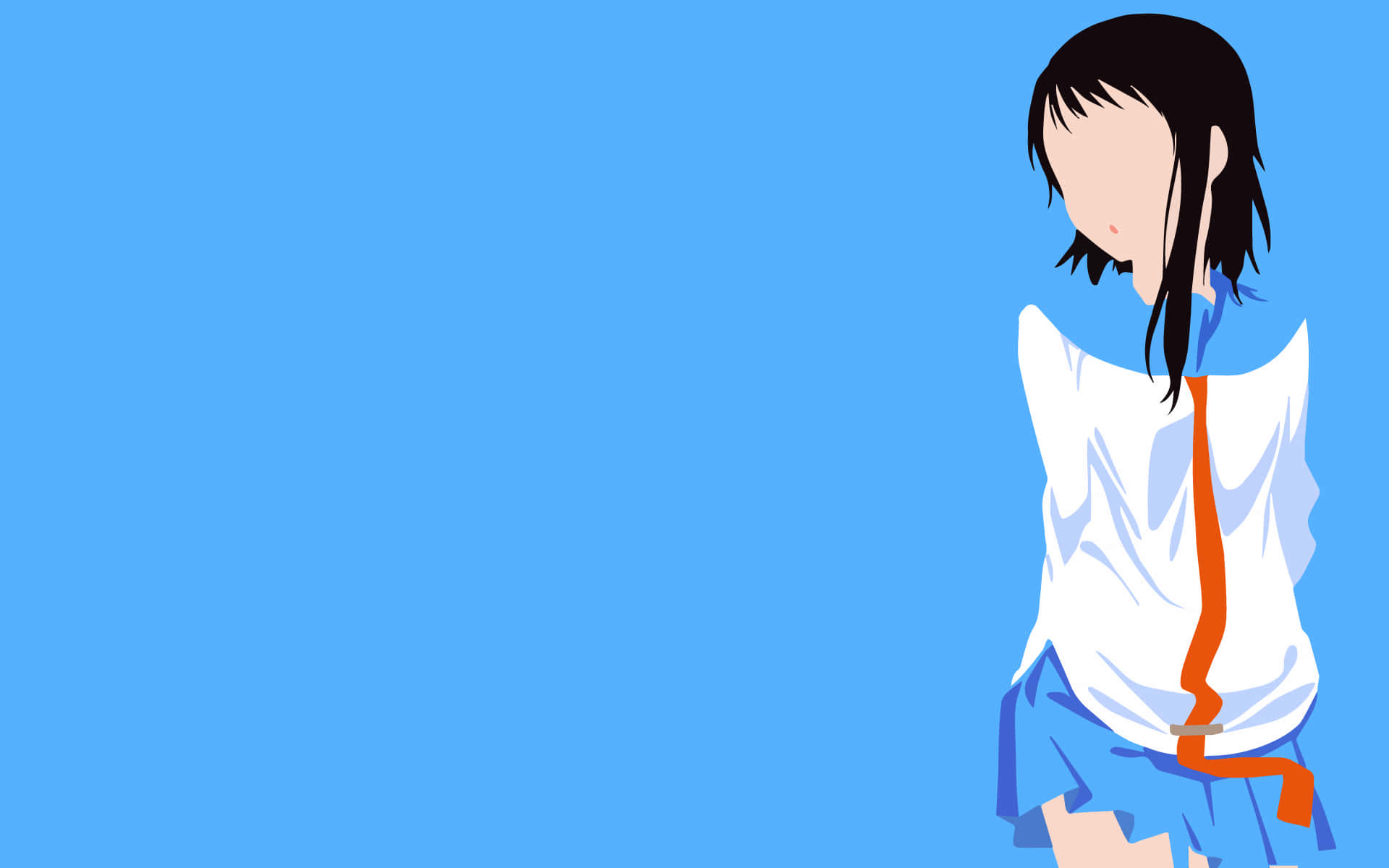 Anime Minimalist 桌布 壁紙 — 一個極簡風格的動漫女孩，黑髮配橙色領帶，站在純藍色背景前。