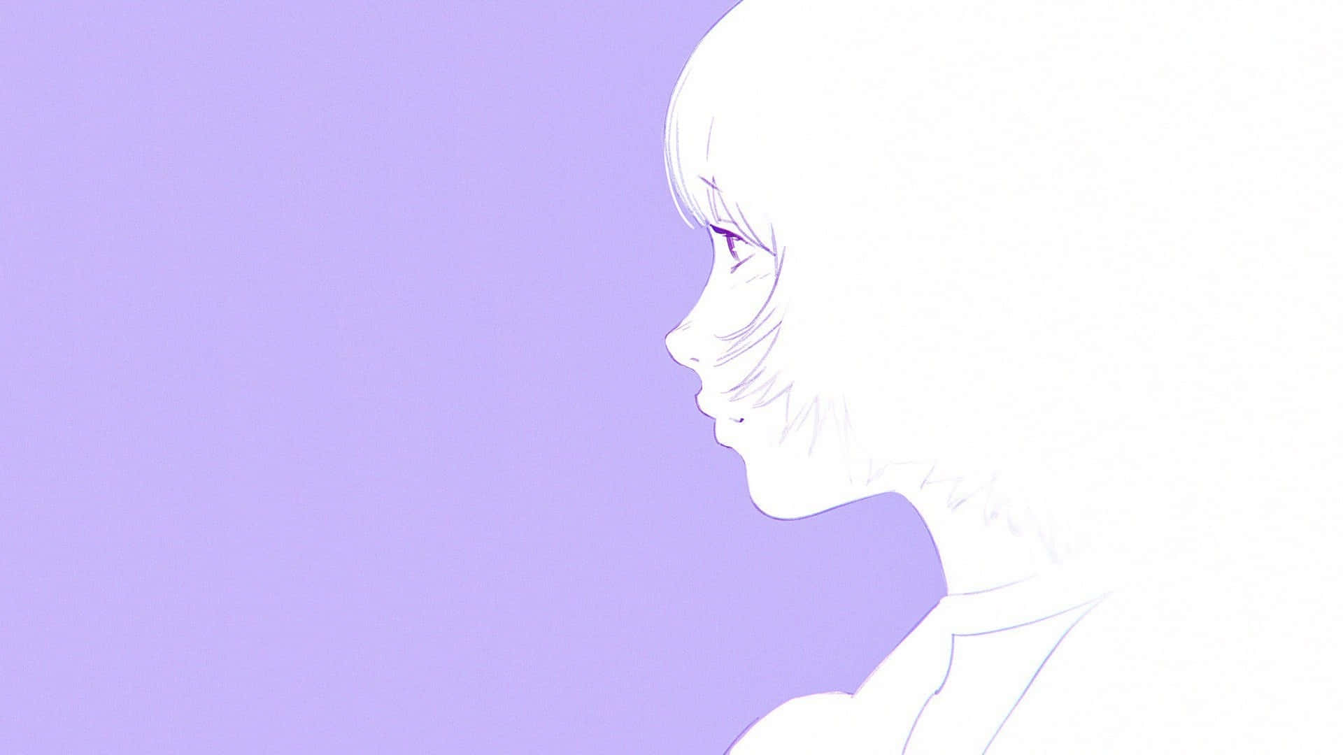 Animated 桌布 壁紙 — 一個極簡風格的動漫女孩側面，白髮紫眼，背景是柔和的薰衣草色。