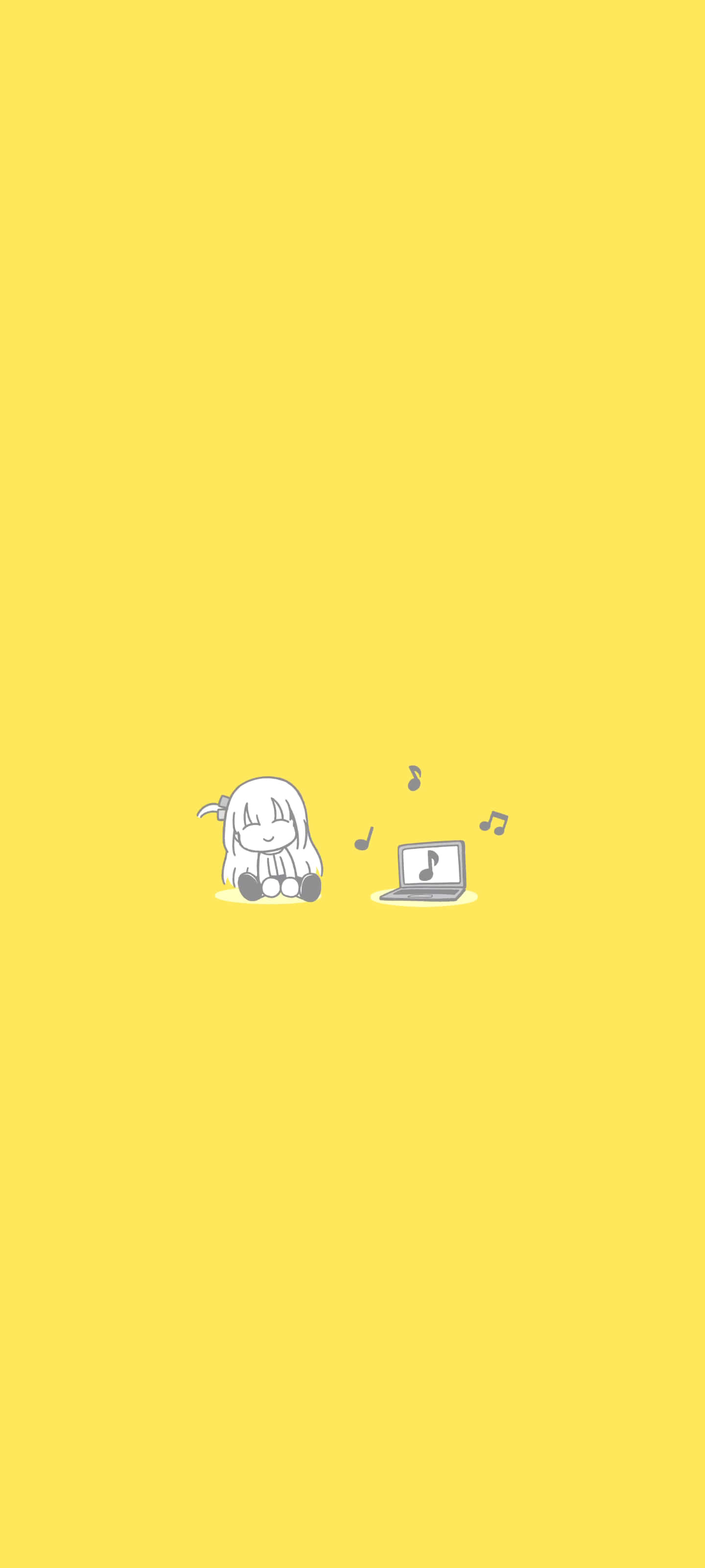 動漫女孩 桌布 壁紙 — 一個極簡風格的動漫女孩坐在一部播放音樂的筆記型電腦旁邊，背景是純黃色。