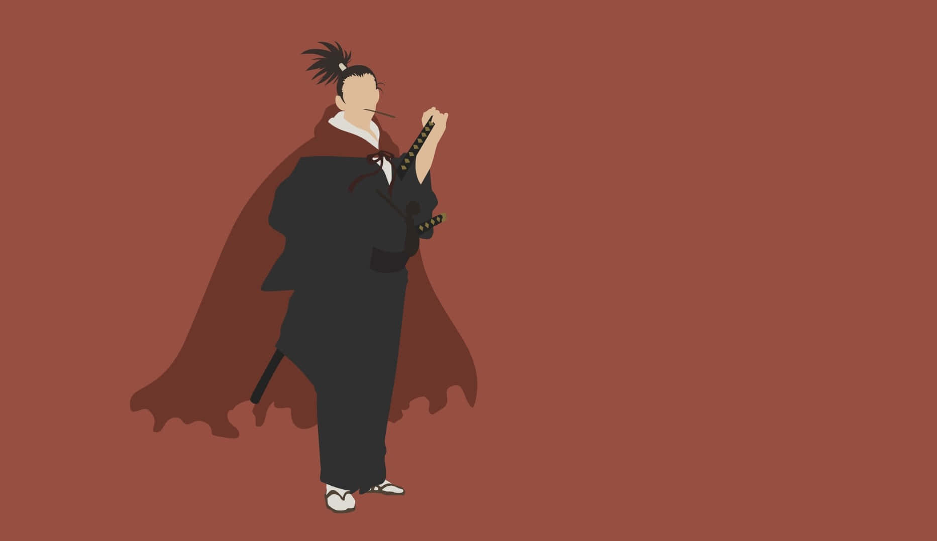 One Punch Man Minimalist 桌布 壁紙 — 一個極簡風格的動漫武士，身穿黑色長袍和紅色披風，手持武士刀，背景為純鏽色。