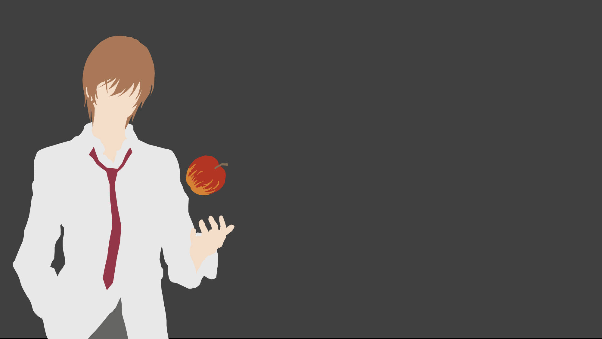 夜神月 桌布 壁紙 — 一個極簡風格的動漫男孩，穿著白襯衫和紅領帶，在深灰色背景前拿著一個紅蘋果。
