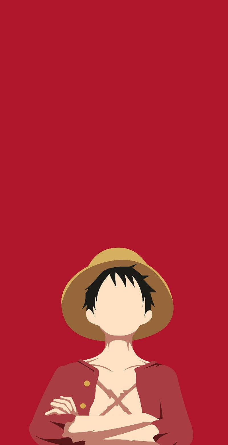 Anime Profile 桌布 壁紙 — 一個極簡風格的動漫角色，戴著草帽和紅色外套，雙臂交叉，站在純紅色背景前。