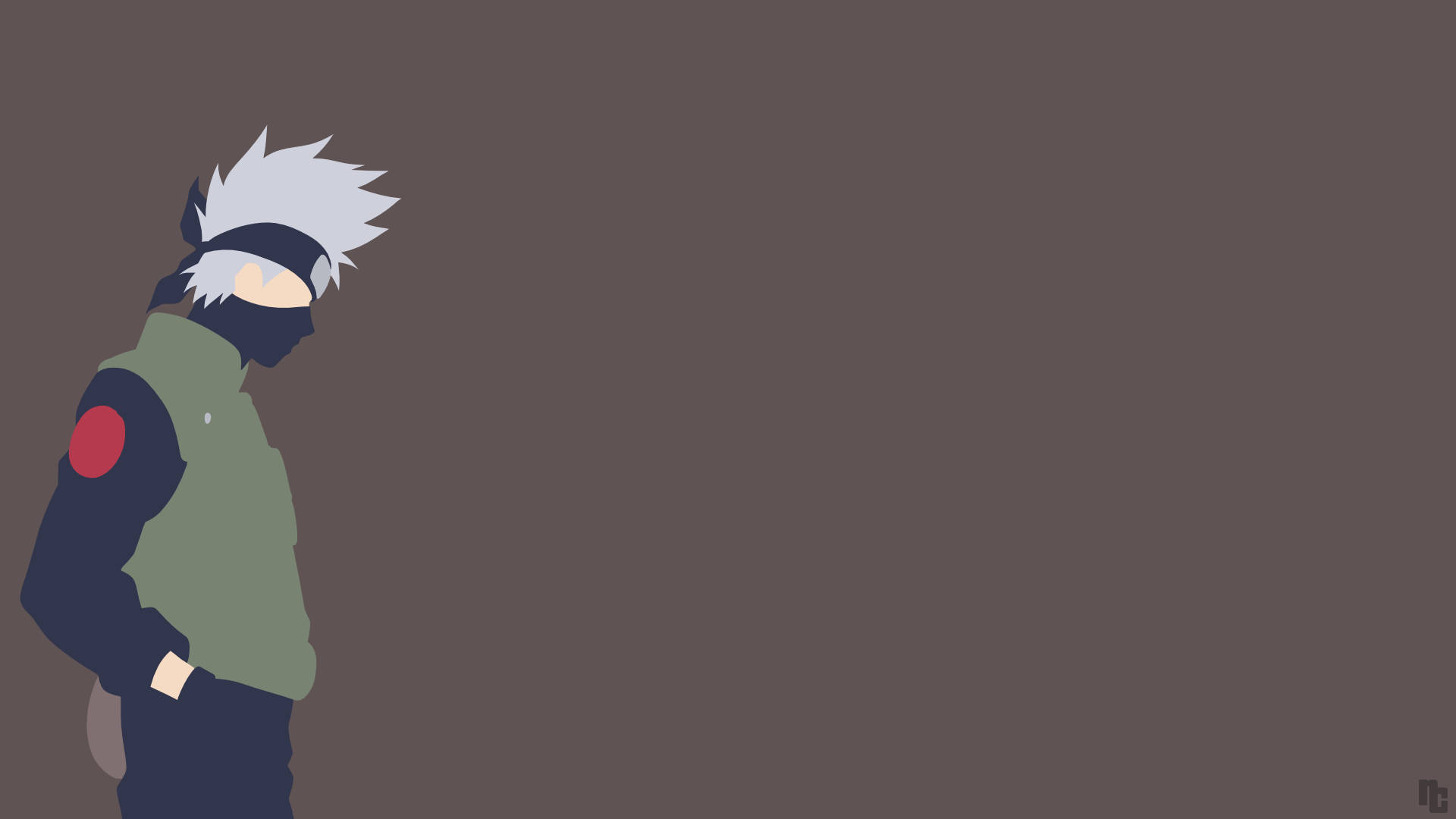 Naruto Kakashi 桌布 壁紙 — 一個極簡風格的動漫角色，擁有尖刺白髮和黑色面具，側面站立在純棕色背景前。