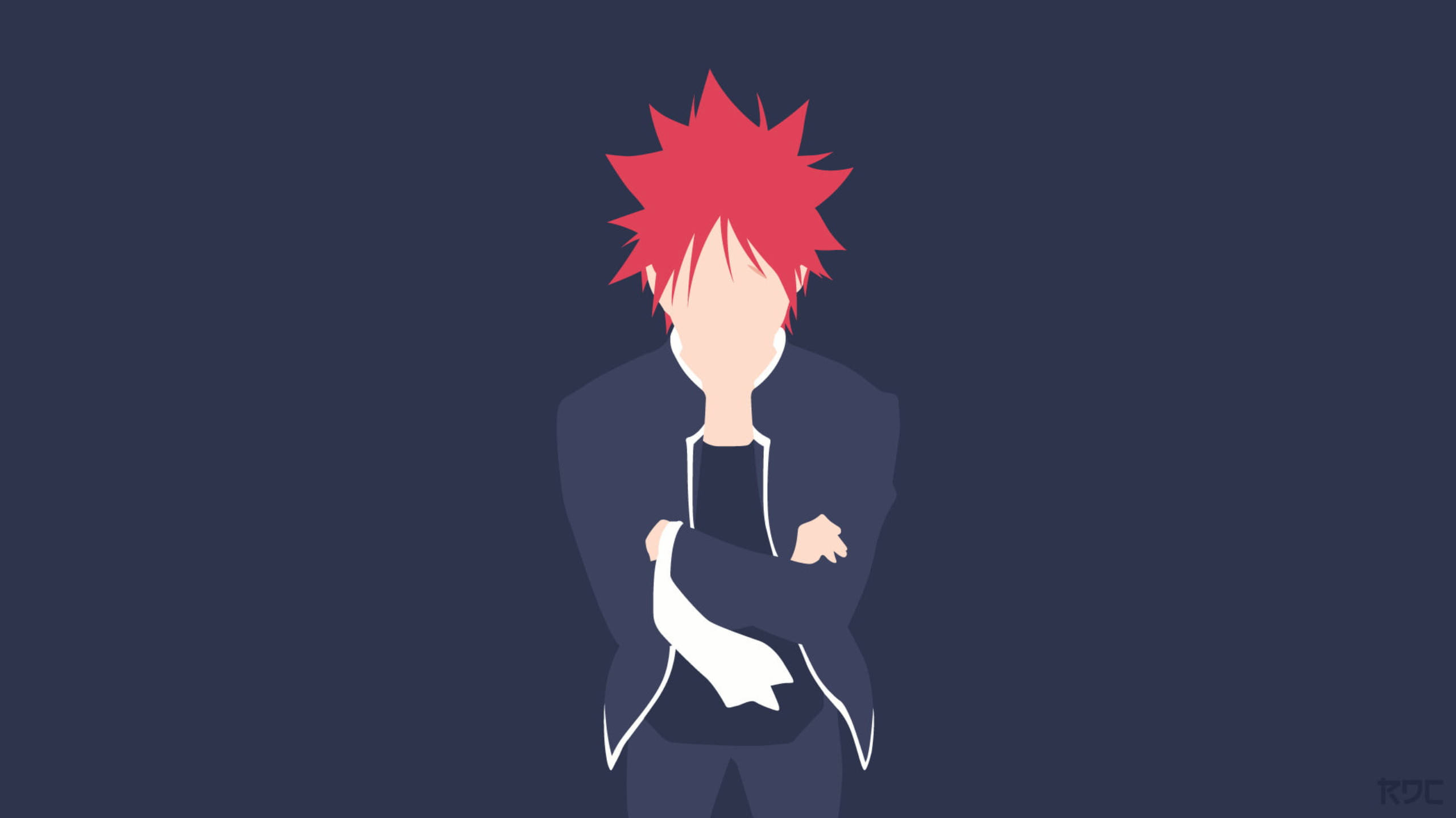 food wars shokugeki no soma 桌布 壁紙 — 一個極簡風格的動漫角色，有著尖刺的紅髮和交叉的手臂，站在純深藍色背景前。