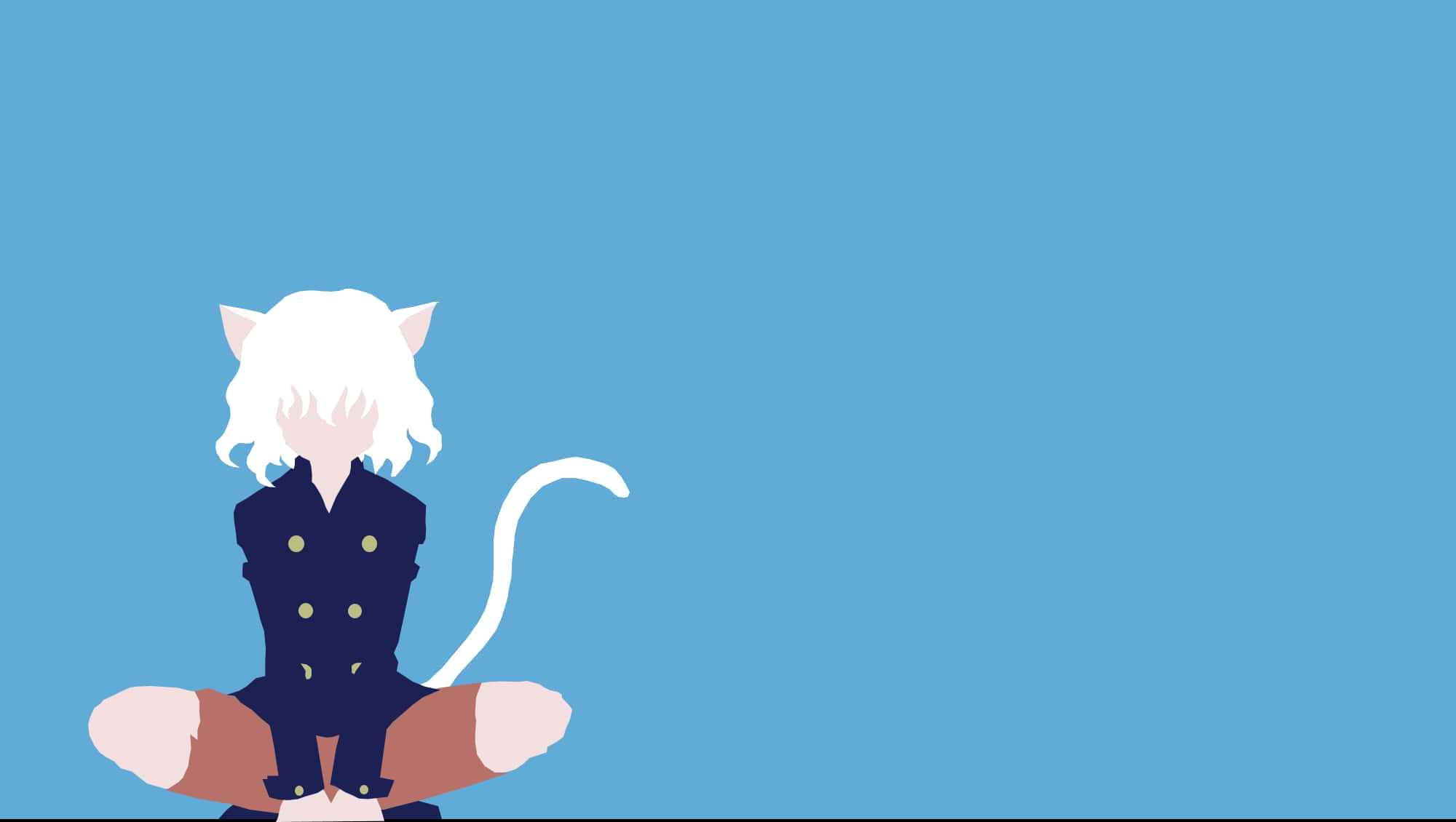 Neferpitou 桌布 壁紙 — 一個極簡風格的動漫角色，白色頭髮、貓耳和尾巴，盤腿坐在純藍色背景前。