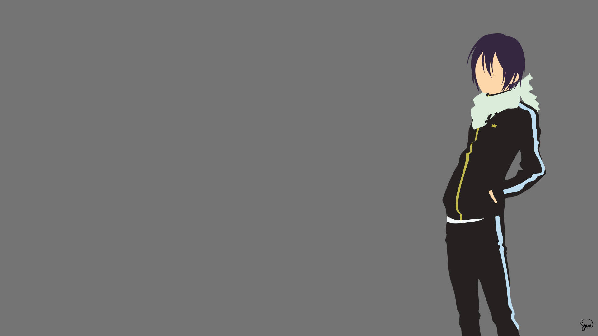 Minimalist Anime 桌布 壁紙 — 一個極簡風格的動漫角色，穿著帶有淺藍色條紋的黑色運動服，站在純灰色背景前。