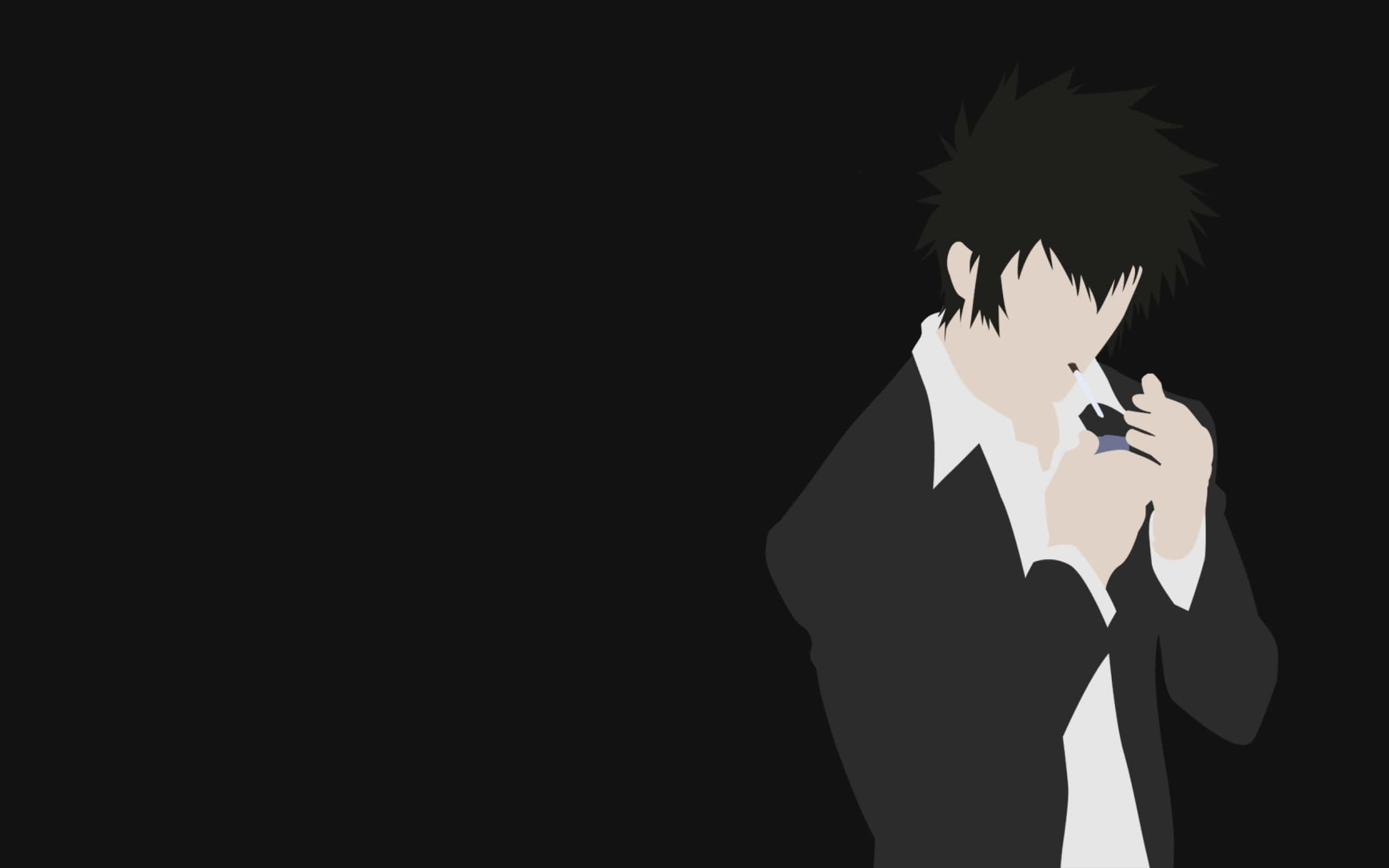 Shinya Kogami 桌布 壁紙 — 一個極簡風格的動漫角色，身穿黑色西裝和白色襯衫，在純黑色背景前抽煙。