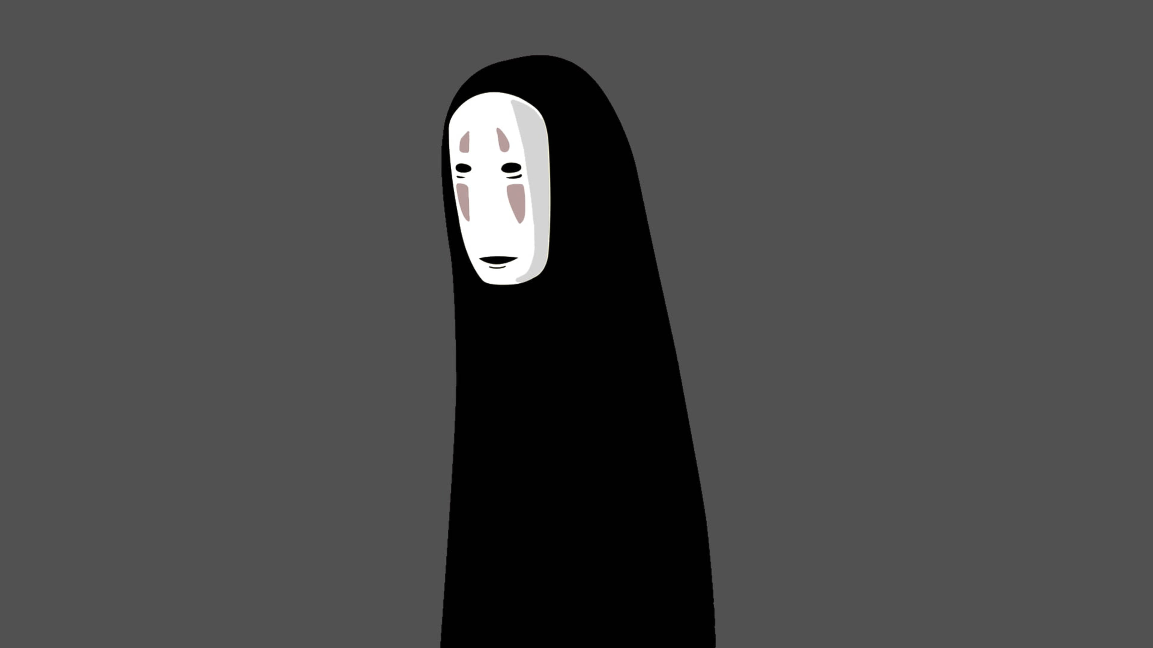 No Face 桌布 壁紙 — 一個極簡風格的動畫人物，戴著白色面具和黑色長袍，站在純灰色背景前。