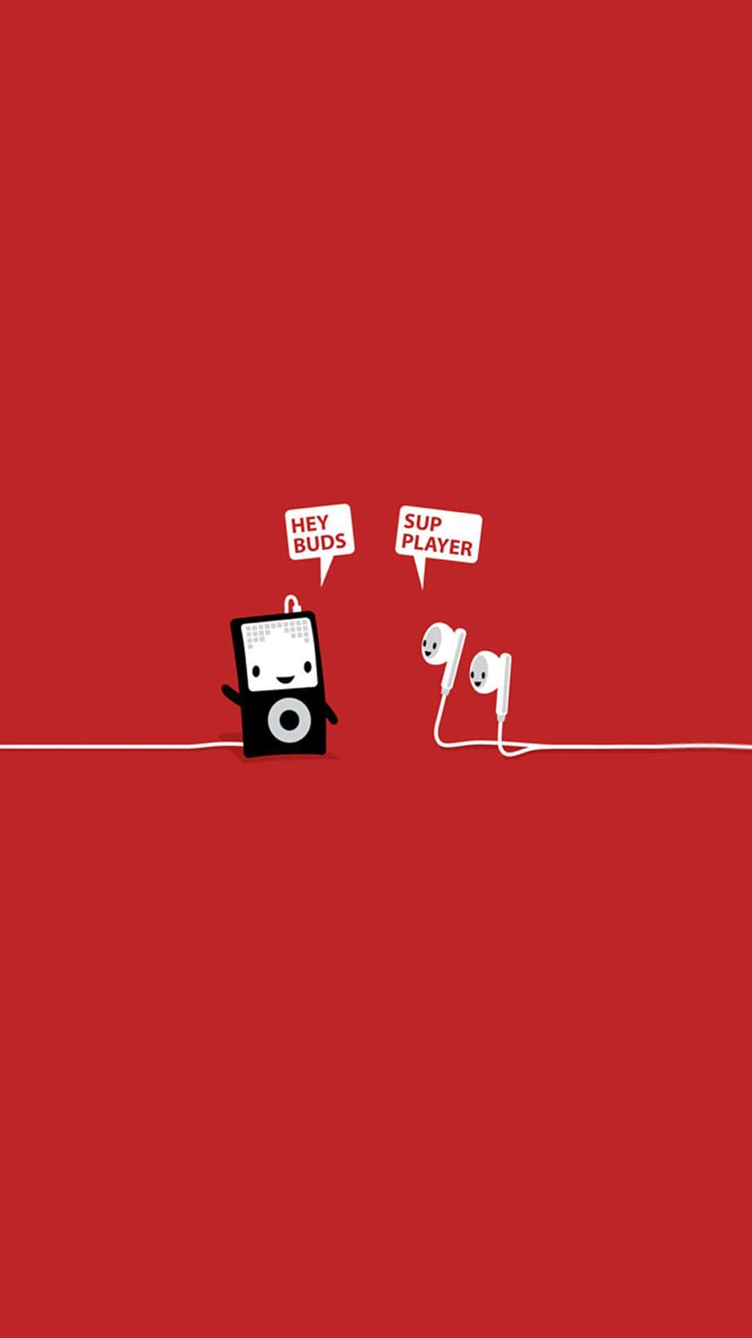 iPhone 桌布 壁紙 — 一個極簡風格的卡通 iPod 和耳塞，在純紅色背景上用對話氣泡聊天。
