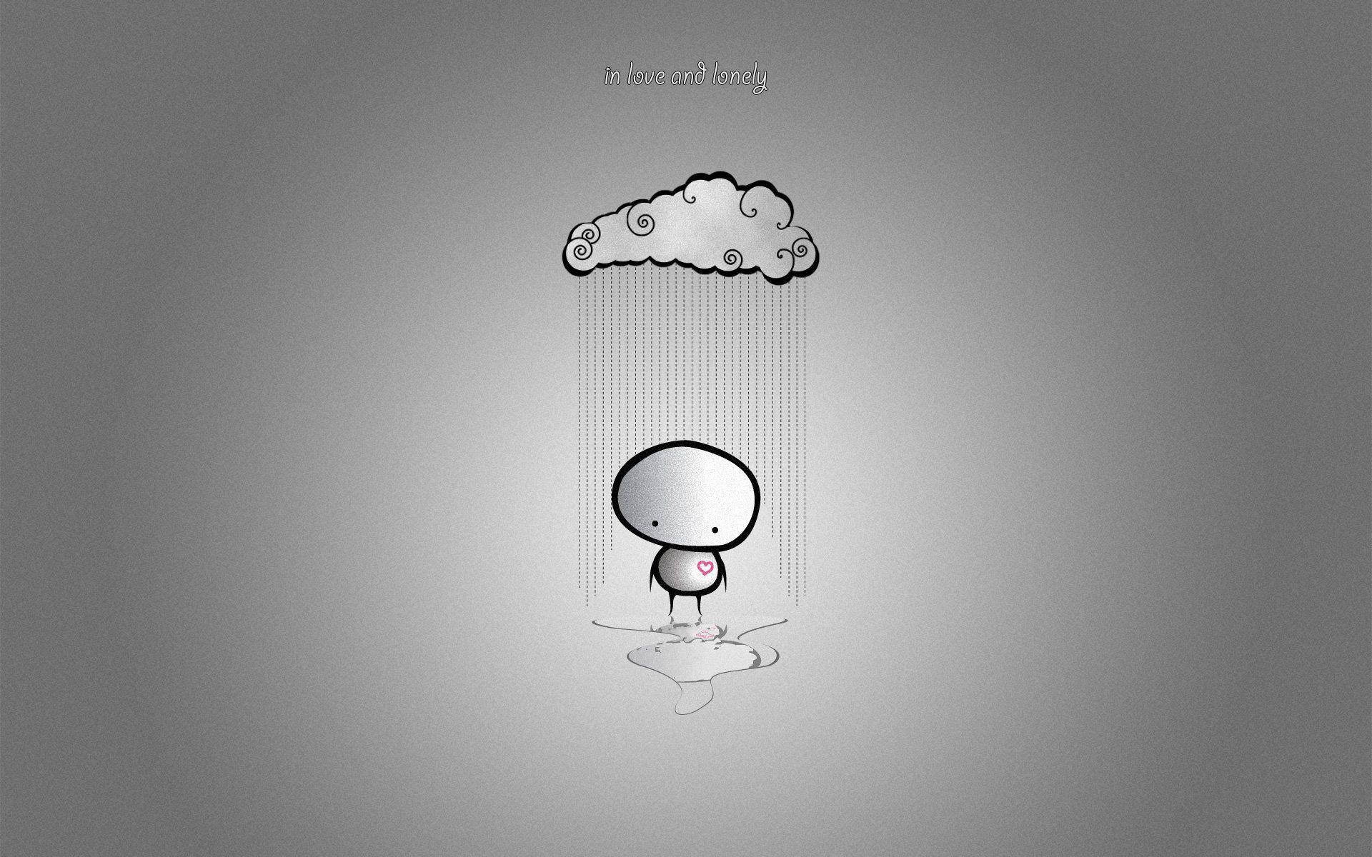 桌布 壁紙 — 一個極簡風格的卡通人物站在一朵向水坑下雨的雲下，胸前有一顆心。