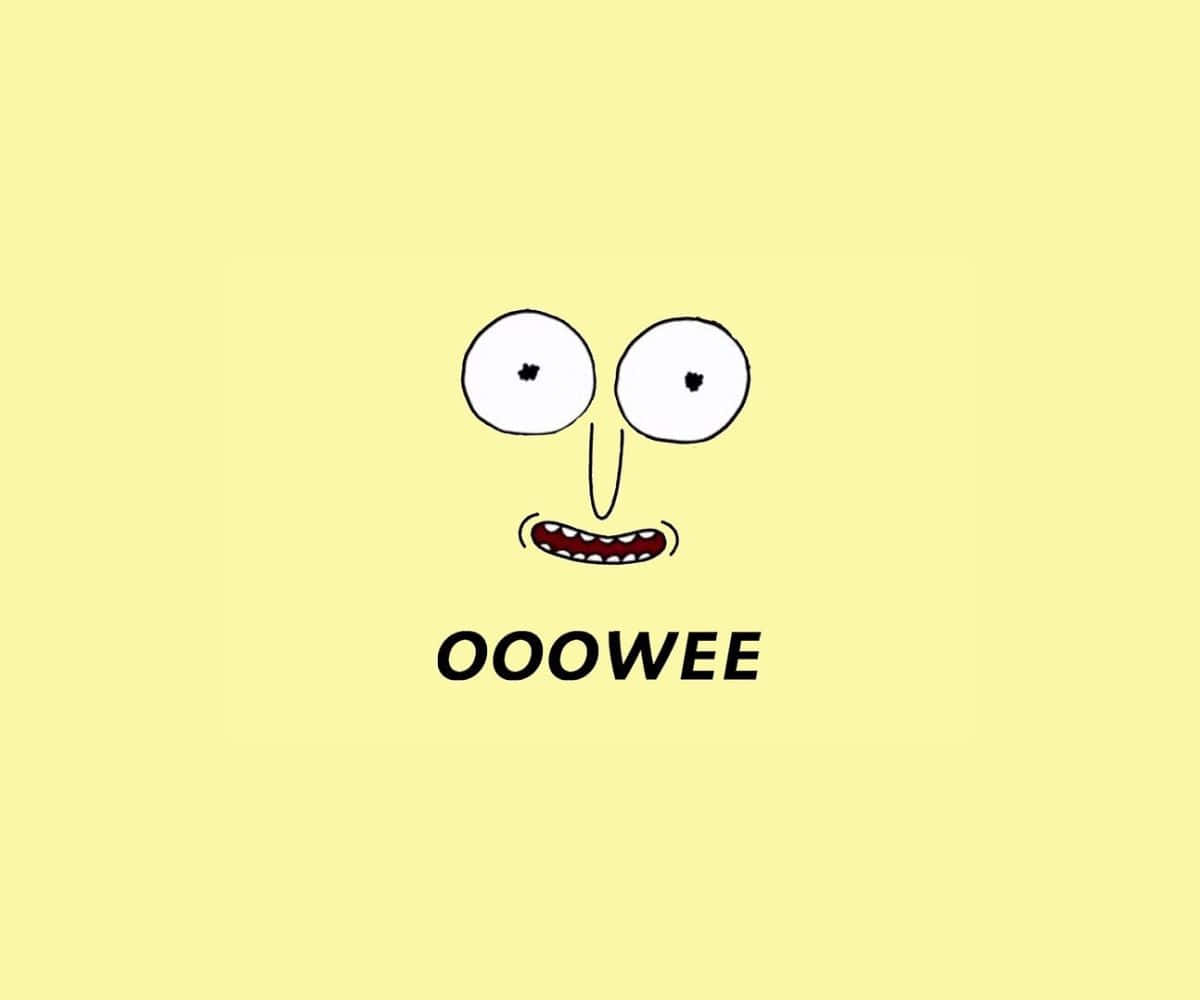 Mr Poopybutthole 桌布 壁紙 — 一個極簡風格的卡通臉，有大眼睛和露齒笑容，在淡黃色背景上說「OOOWEE」。